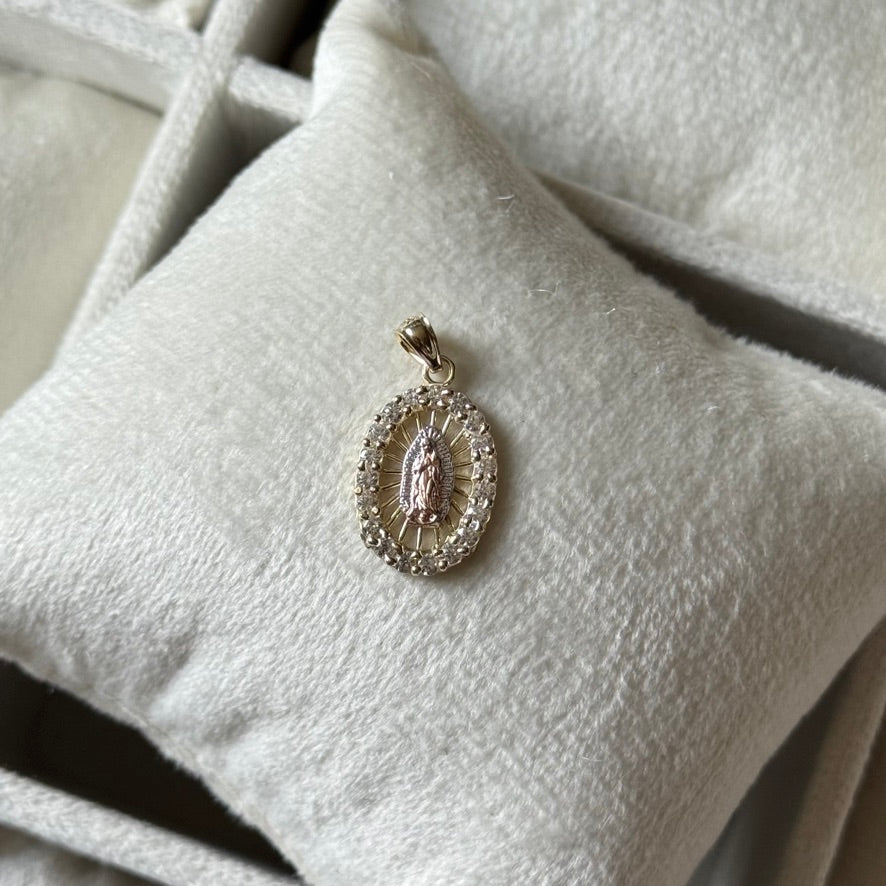 14k Gold CZ Virgin Mary Tri Tone Pendant