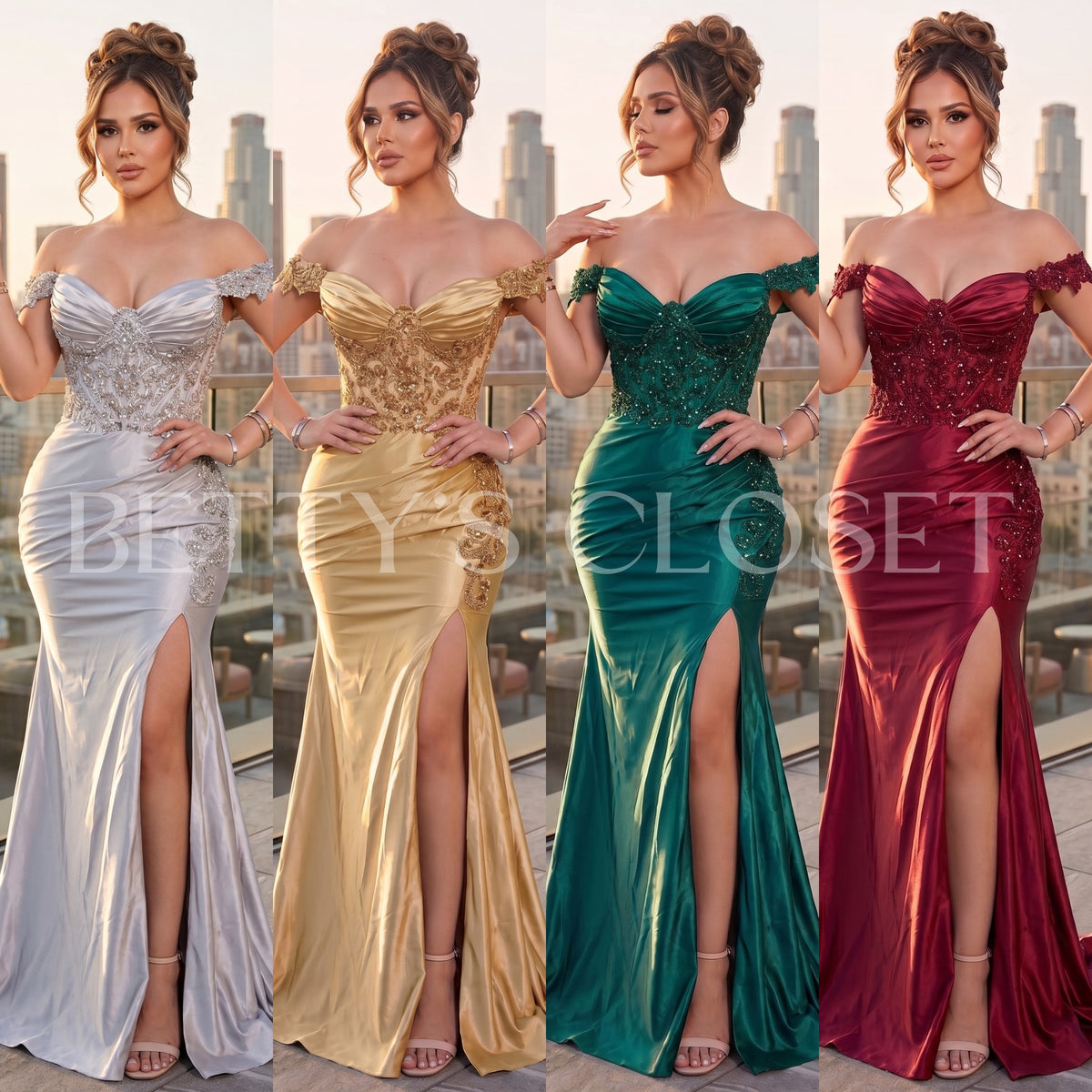 Jessica Embroidered Off Shoulder Lace up Back Gown w/ Side Slit