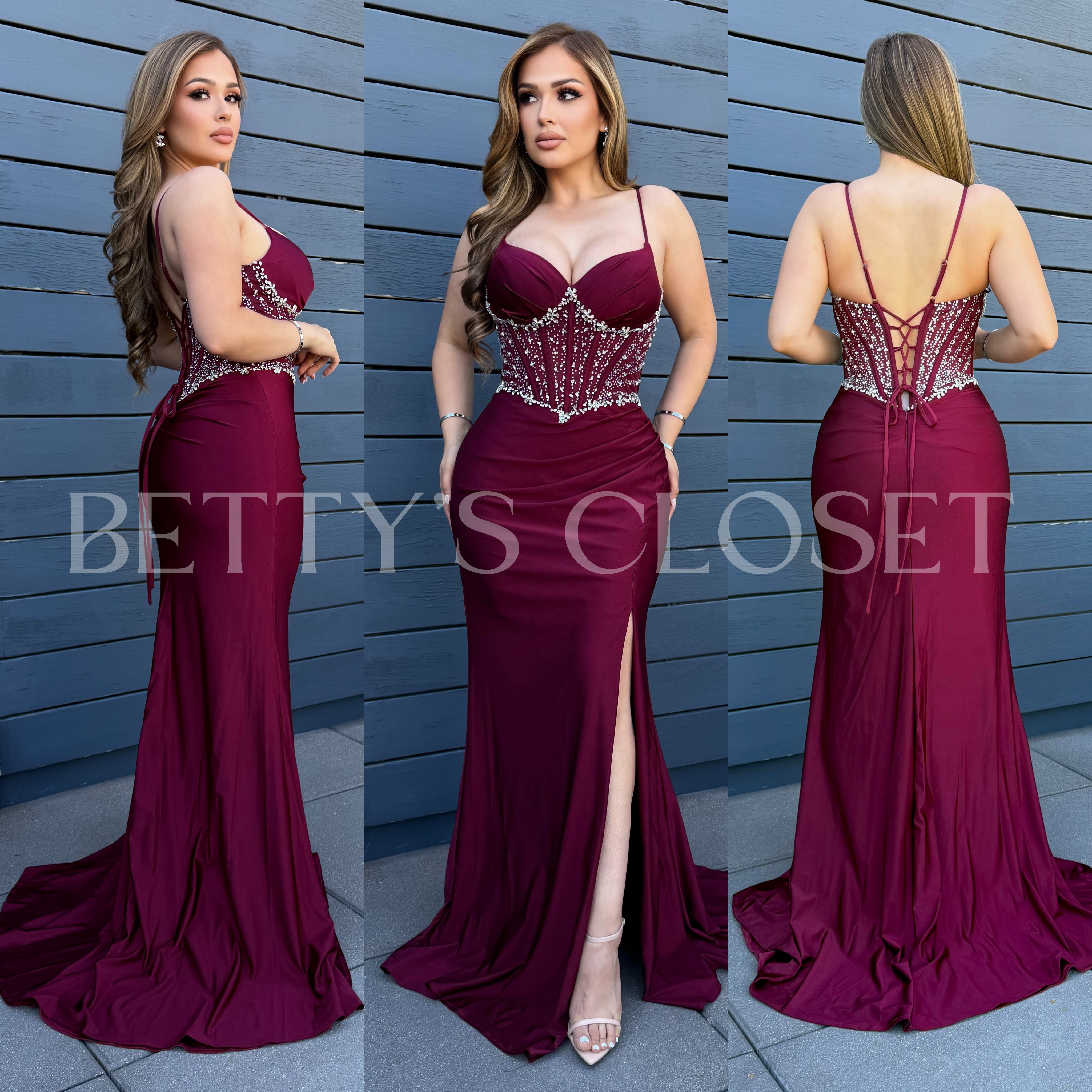 Janney Embellished Bodice Satin Gown