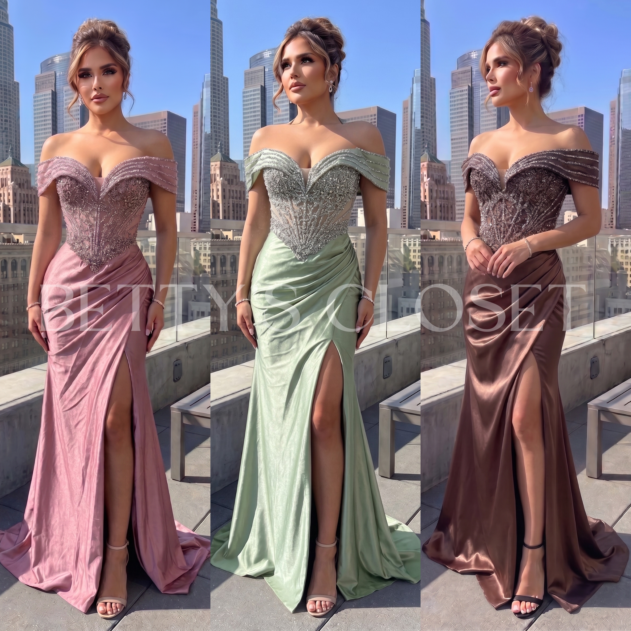 Renata Off Shoulder Embellished Satin Gown W/ Zipper Back
