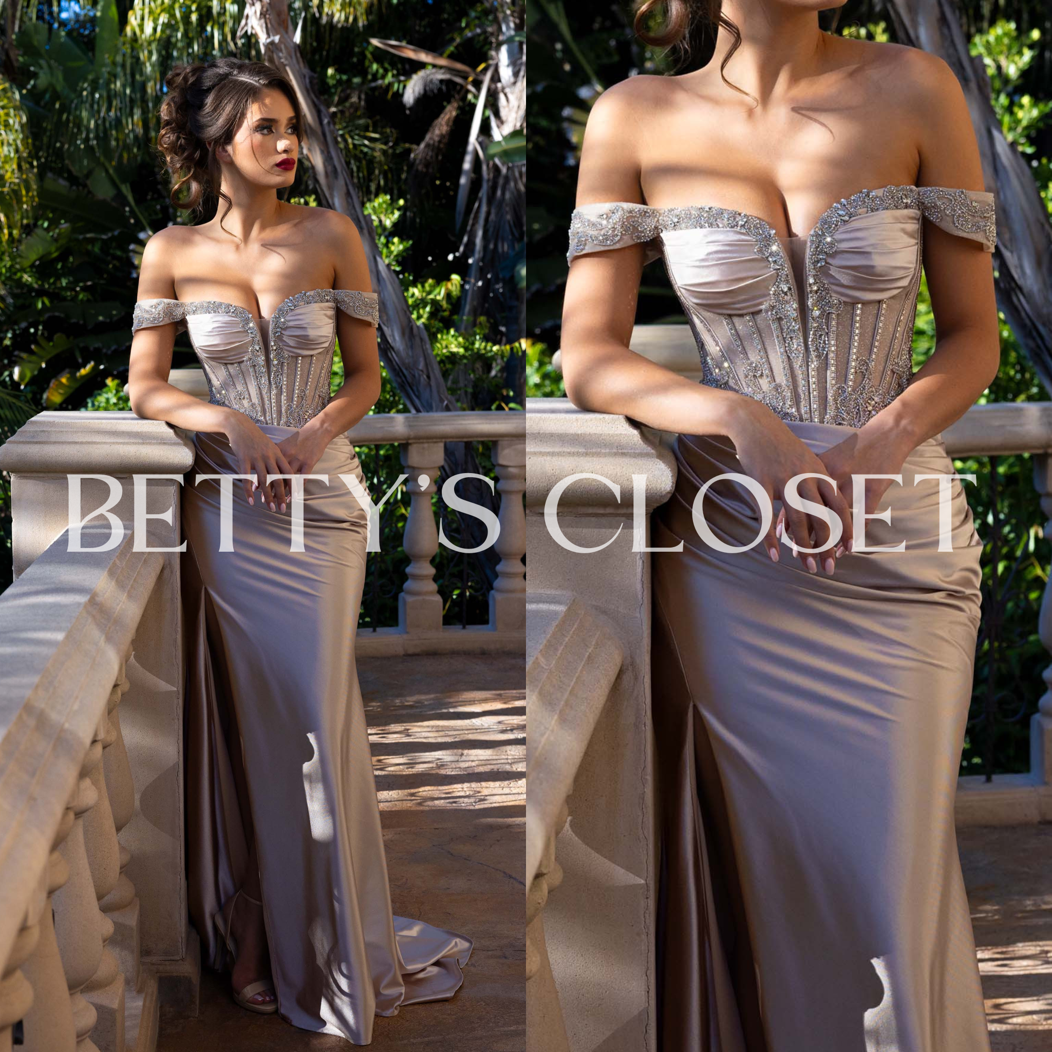 Crystal Embellished Off-Shoulder Long Prom Gown