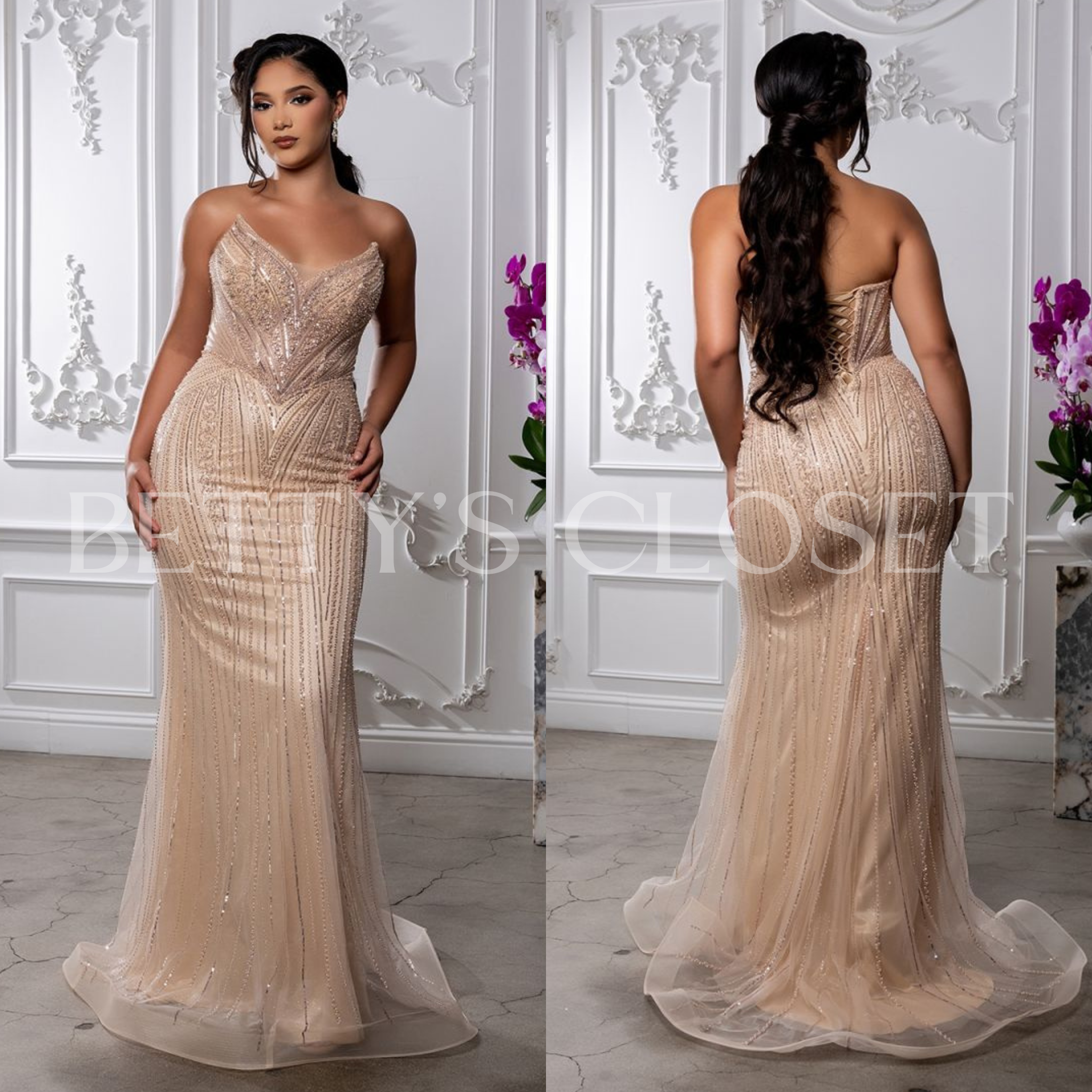 Emilia Deep V-Neck Beaded Ornate Long Gown