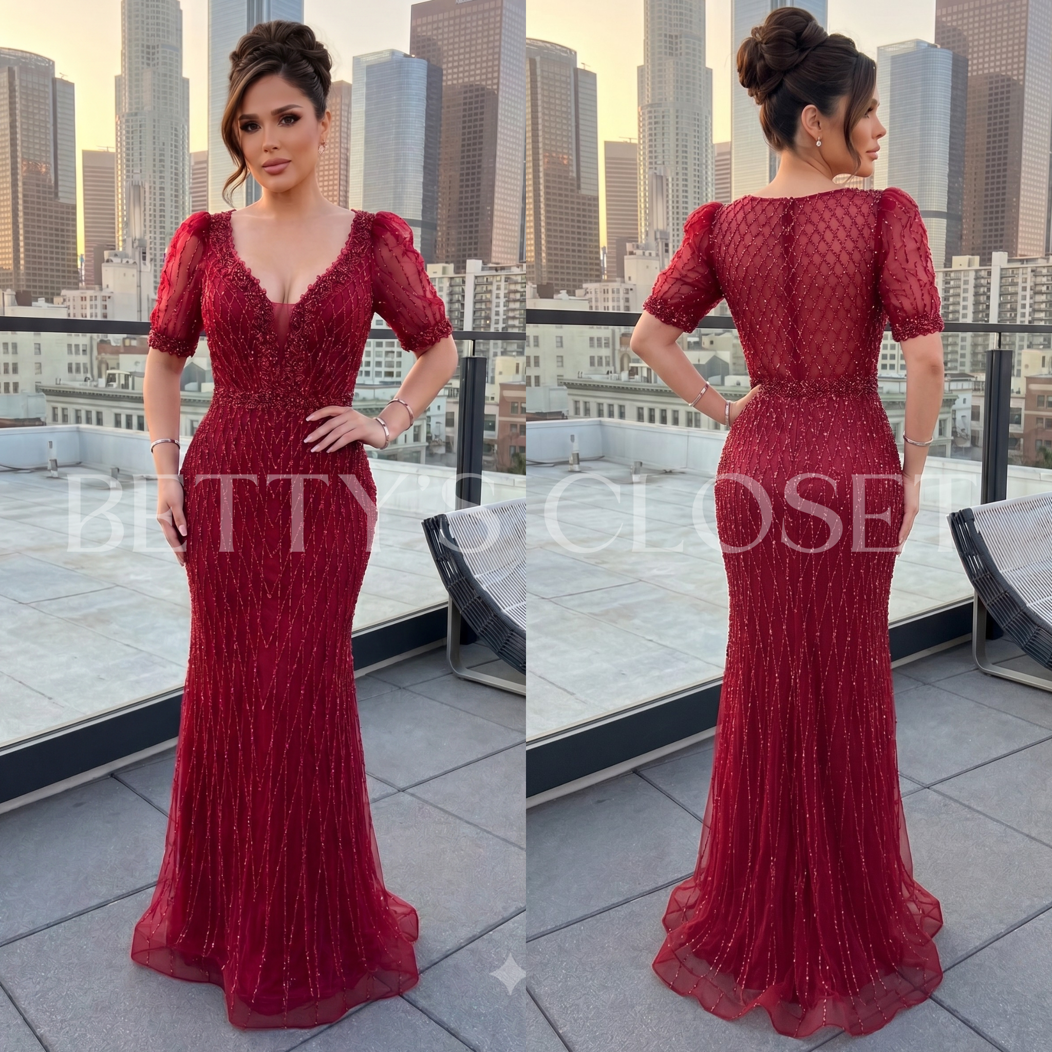 Lola Short Puff Sleeved Beaded Gown W/ Back Zipper