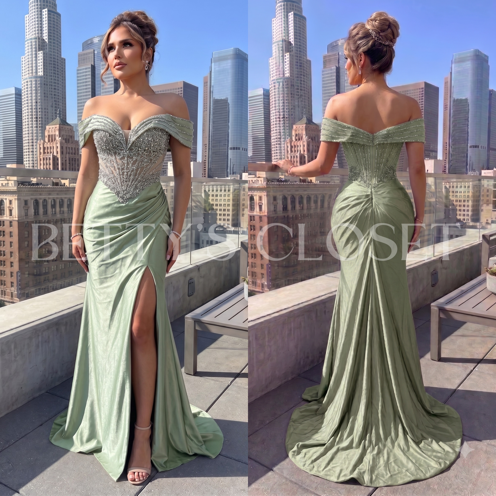 Renata Off Shoulder Embellished Satin Gown W/ Zipper Back
