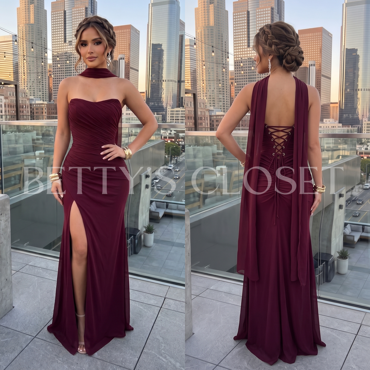 Emily Strapless Ruched Gown w/ Scarf