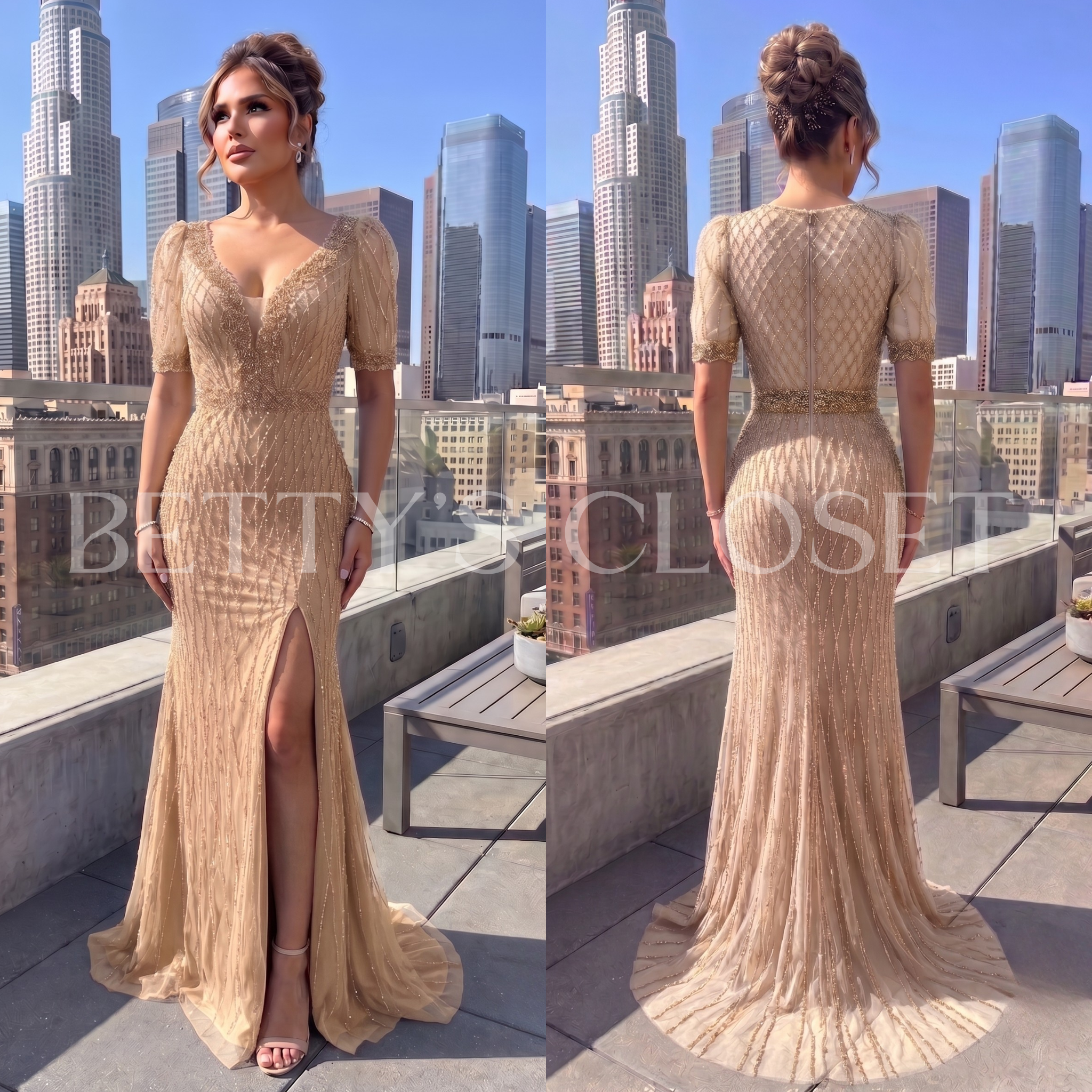 Lola Short Puff Sleeved Beaded Gown W/ Back Zipper