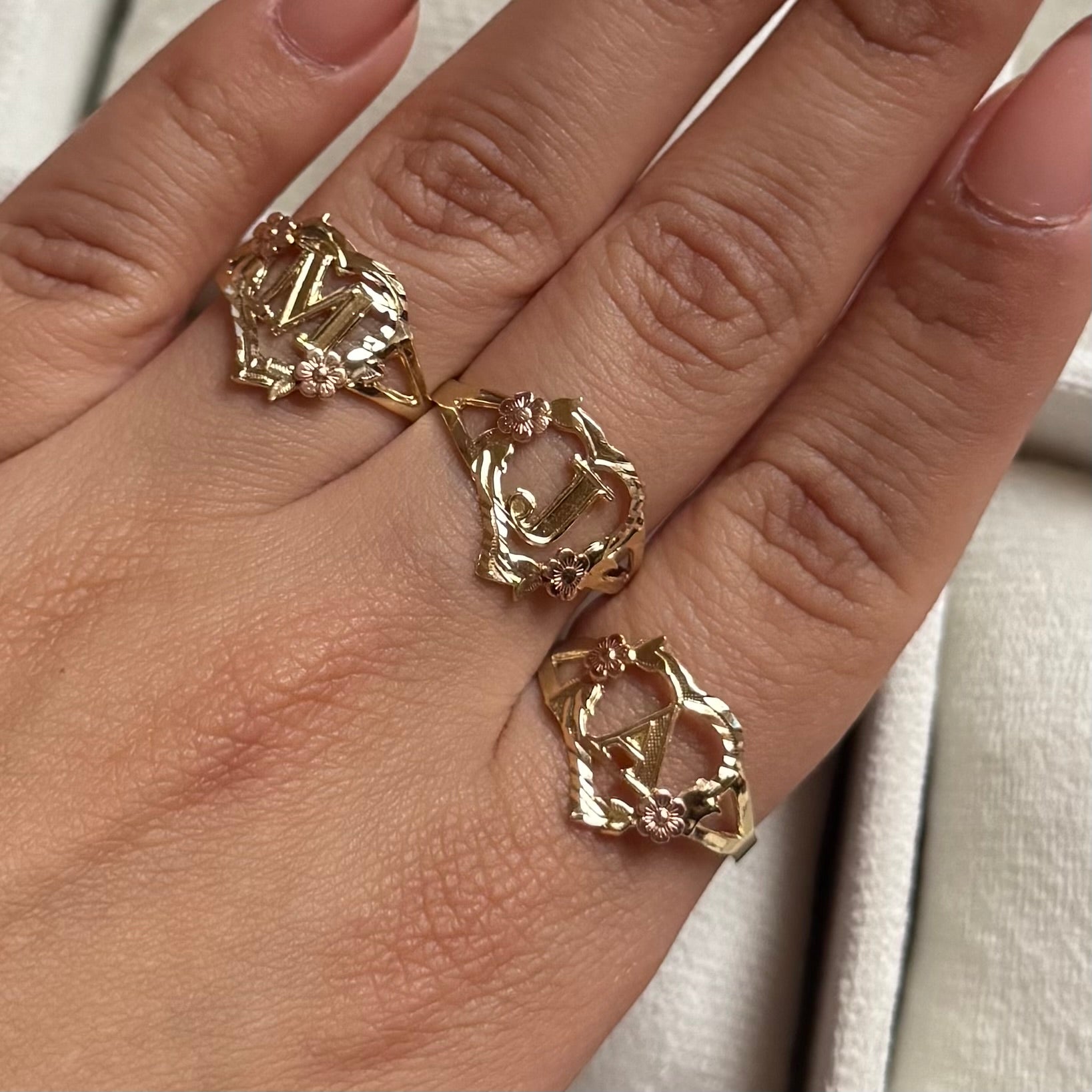 14k Gold Flower Heart Initial Ring