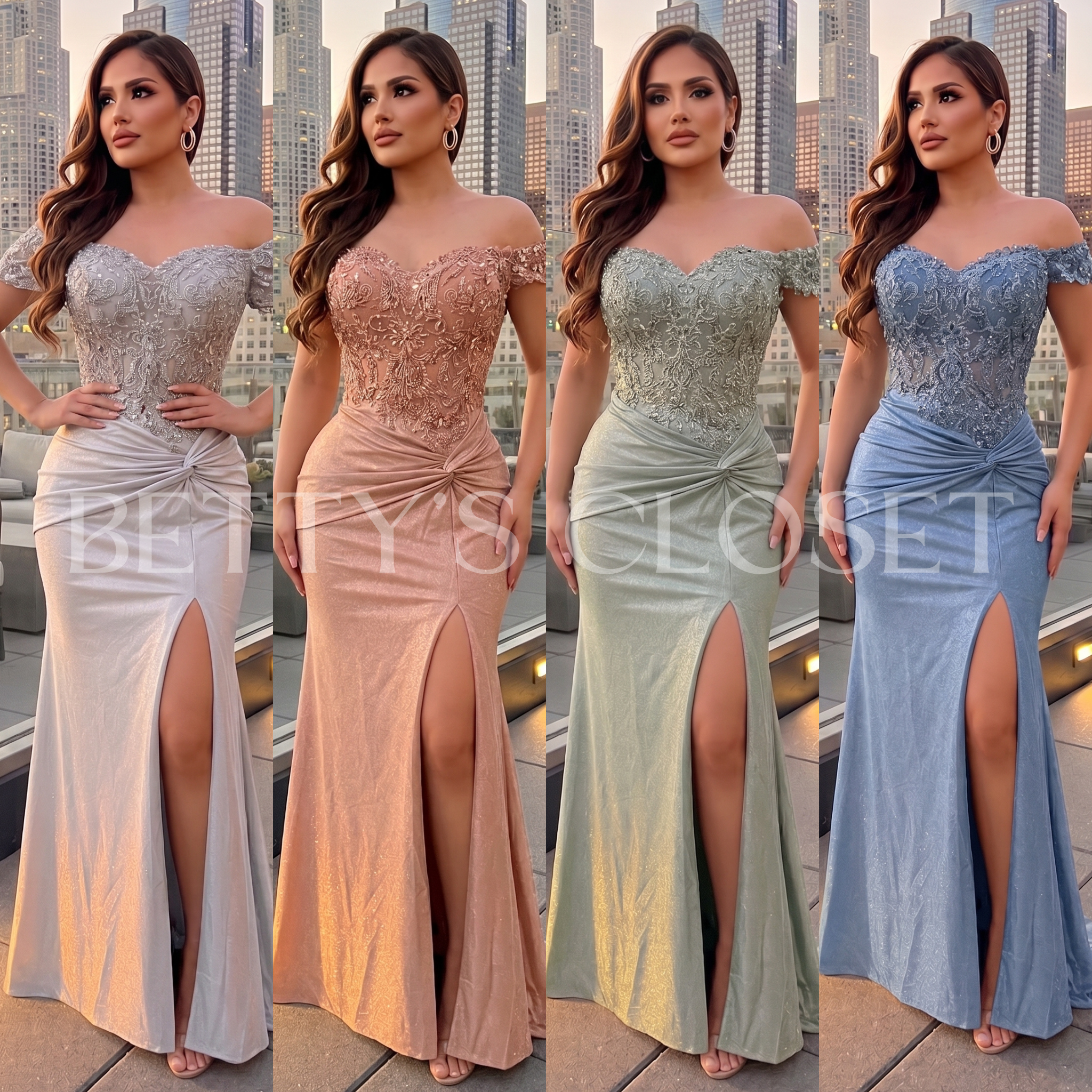 Paloma Off Shoulder Embroidered Side Knot Gown