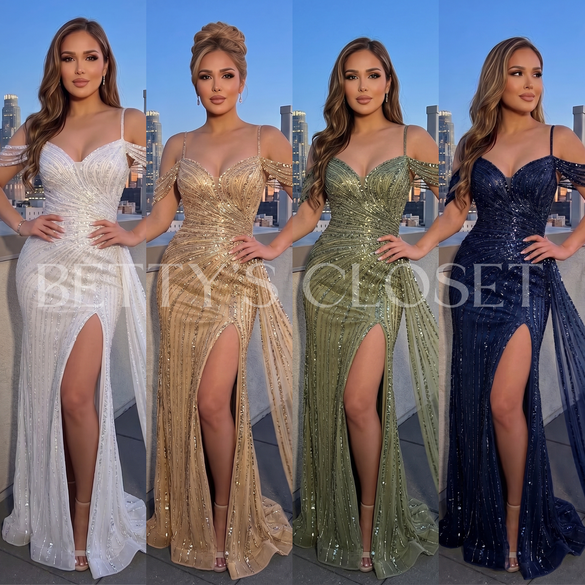 Yvonne Hand Beaded Cold Shoulder Gown w/ Detachable Train