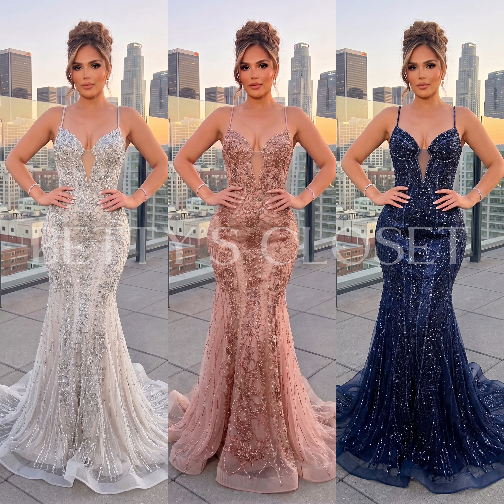 Valeria Spaghetti Strap Beaded Plunge Prom Gown