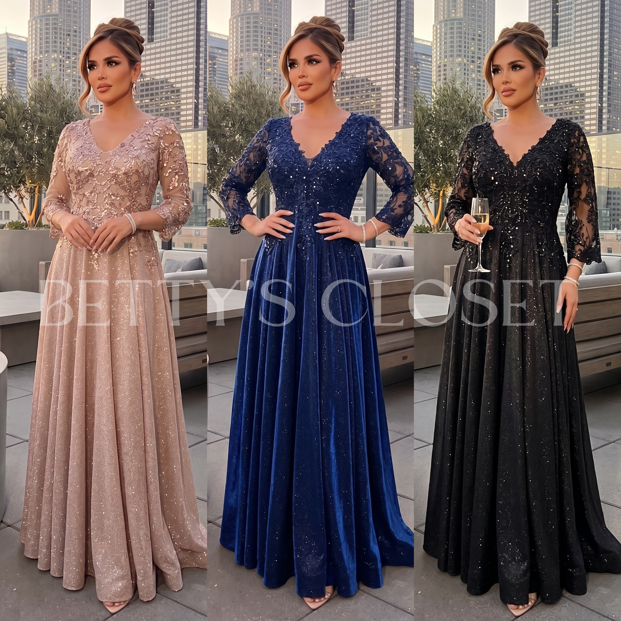 Yessenia Long Sleeve Lace Up Back A-Line Glitter Gown