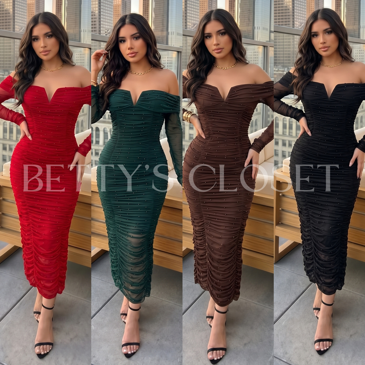 Graciela Pearl Off The Shoulder Long Sleeve Dress