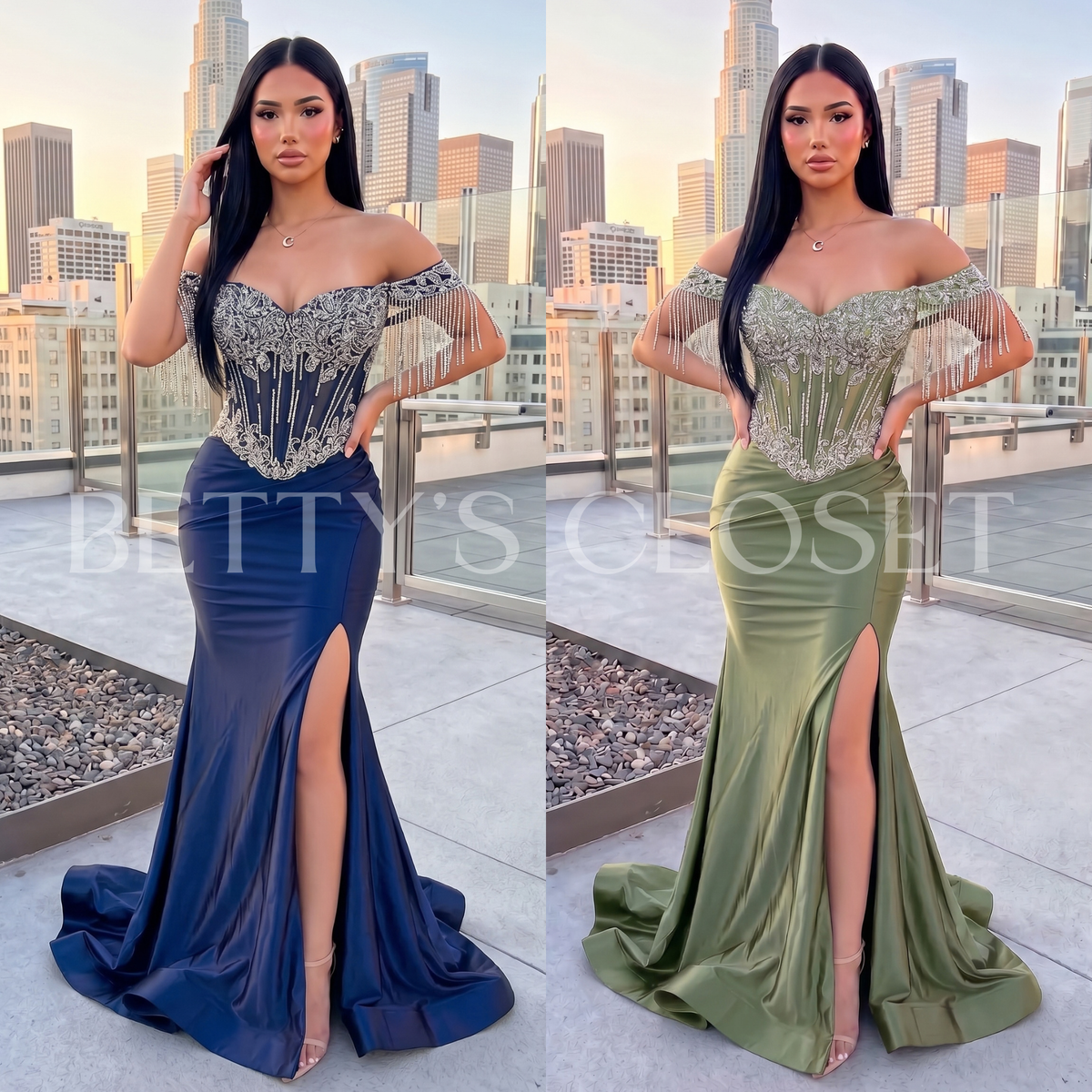 Brittany Off Shoulder Embellished Gown w/ Laceup Back