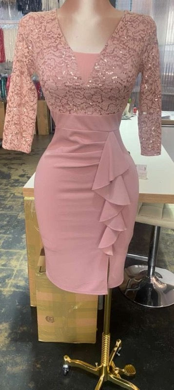 Karla 3/4 Sleeve Lace Sequins Midi Dress