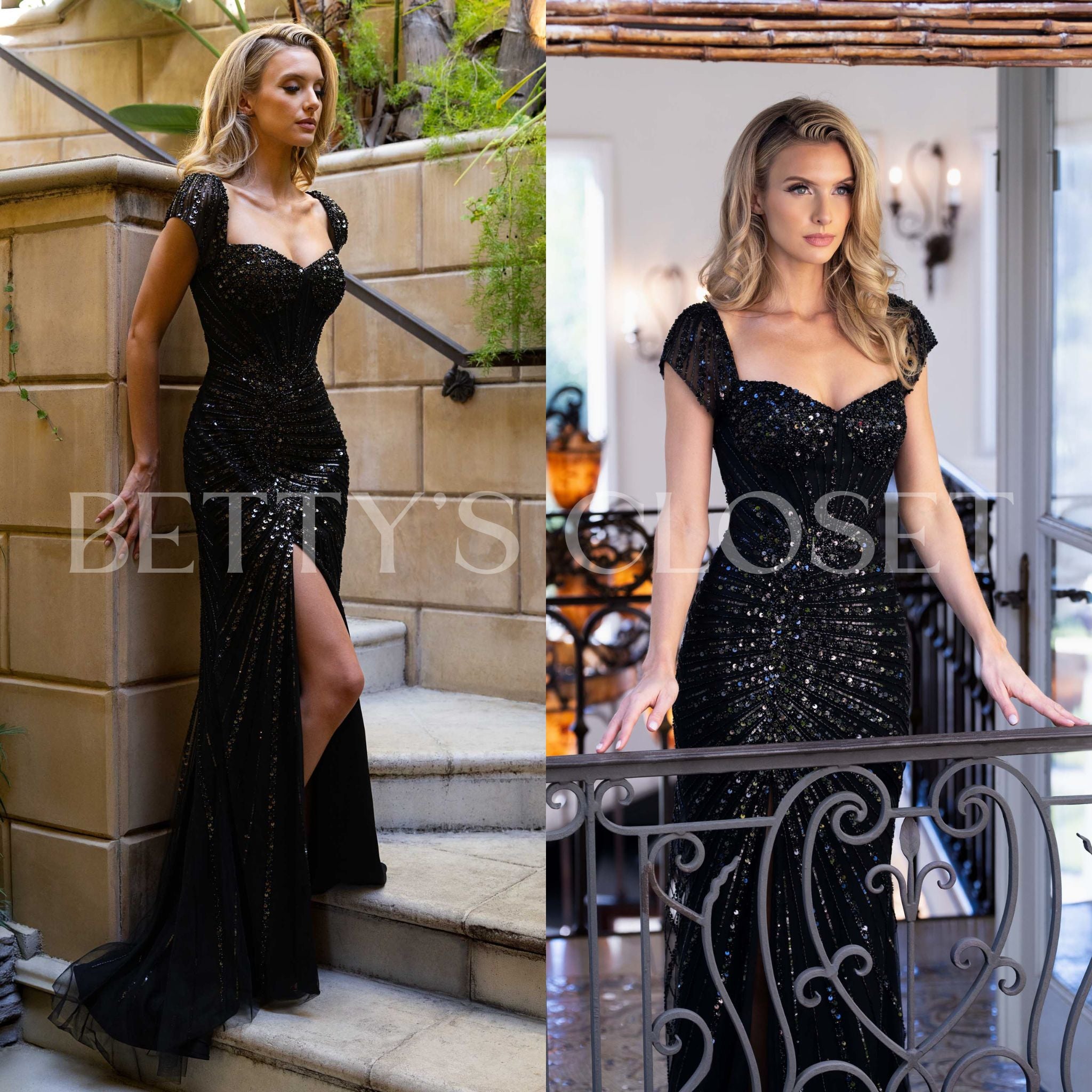Edith Short Sleeve Beaded Side Slit Dress