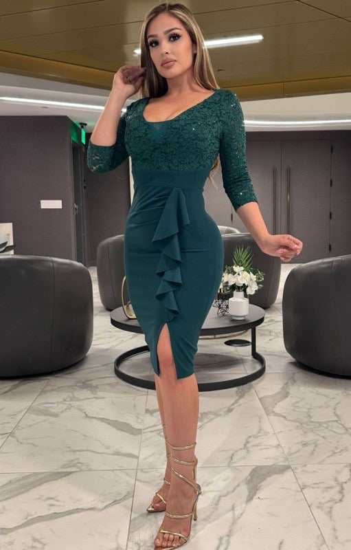 Karla 3/4 Sleeve Lace Sequins Midi Dress
