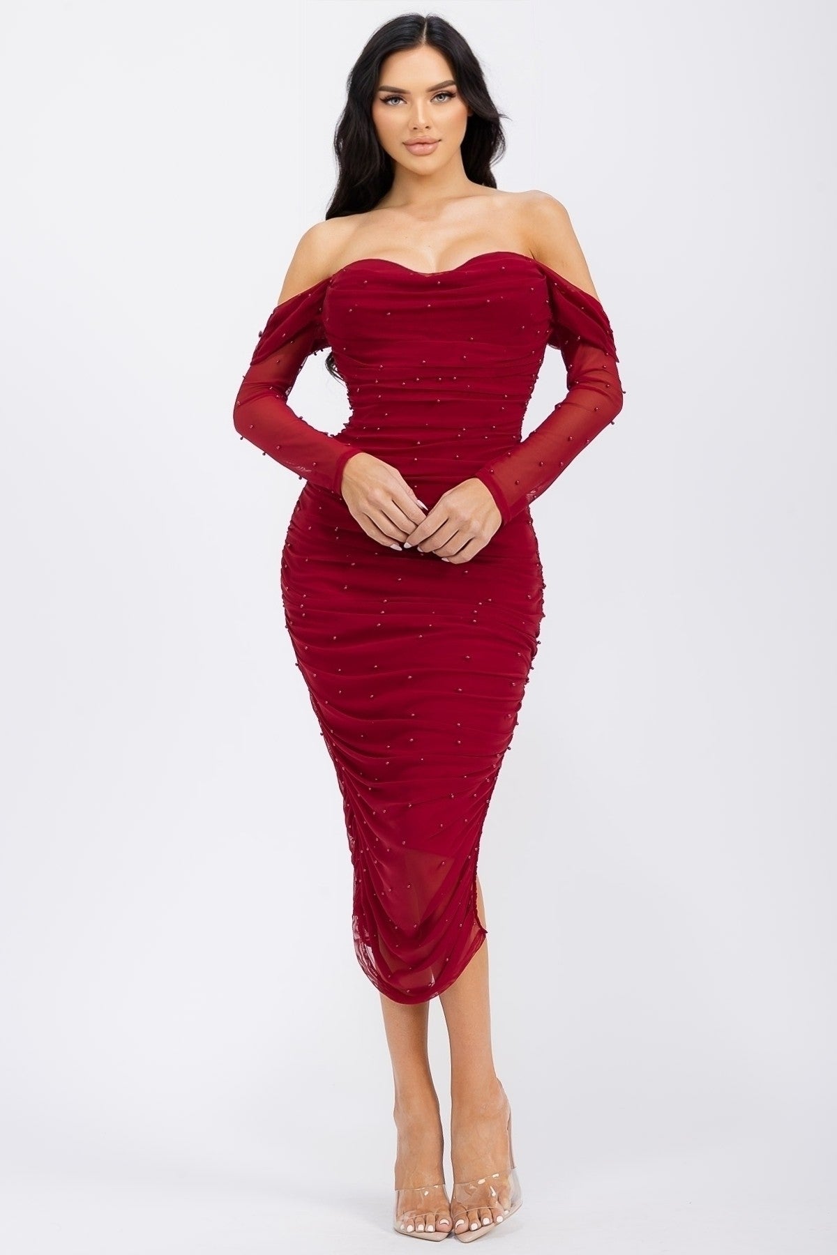 Tati Mesh Off Shoulder Pearl Detail Midi Dress