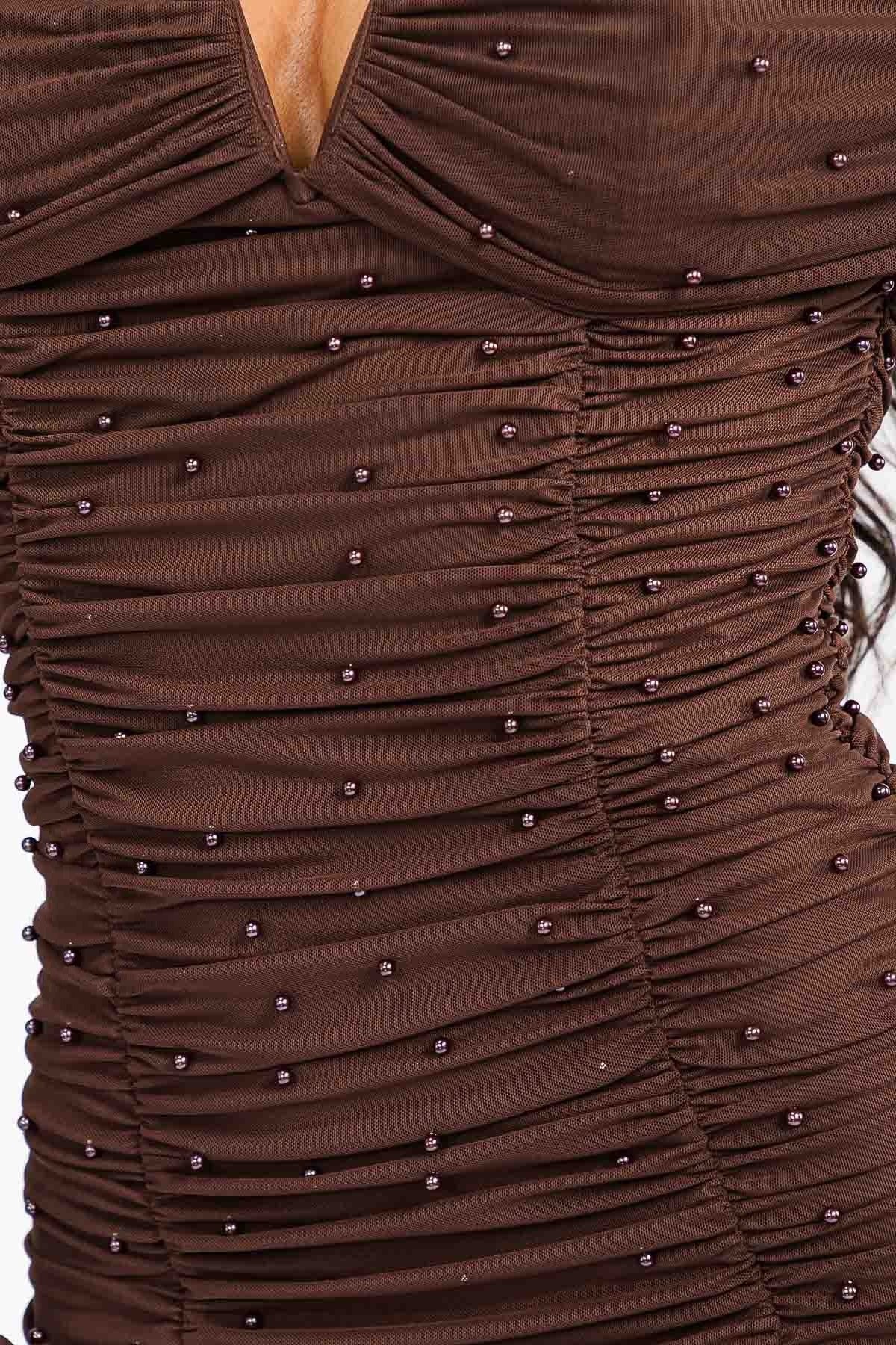 Dominique Mesh Off-shoulder Bodycon Dress With Pearl Studded