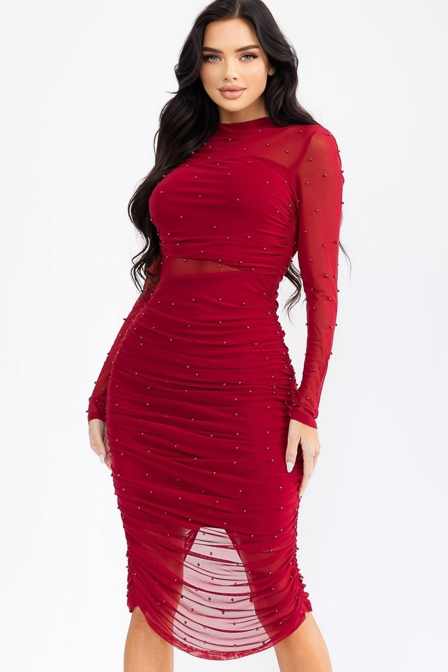Nicki Pearl Studded Sheer Mesh Cocktail Dress