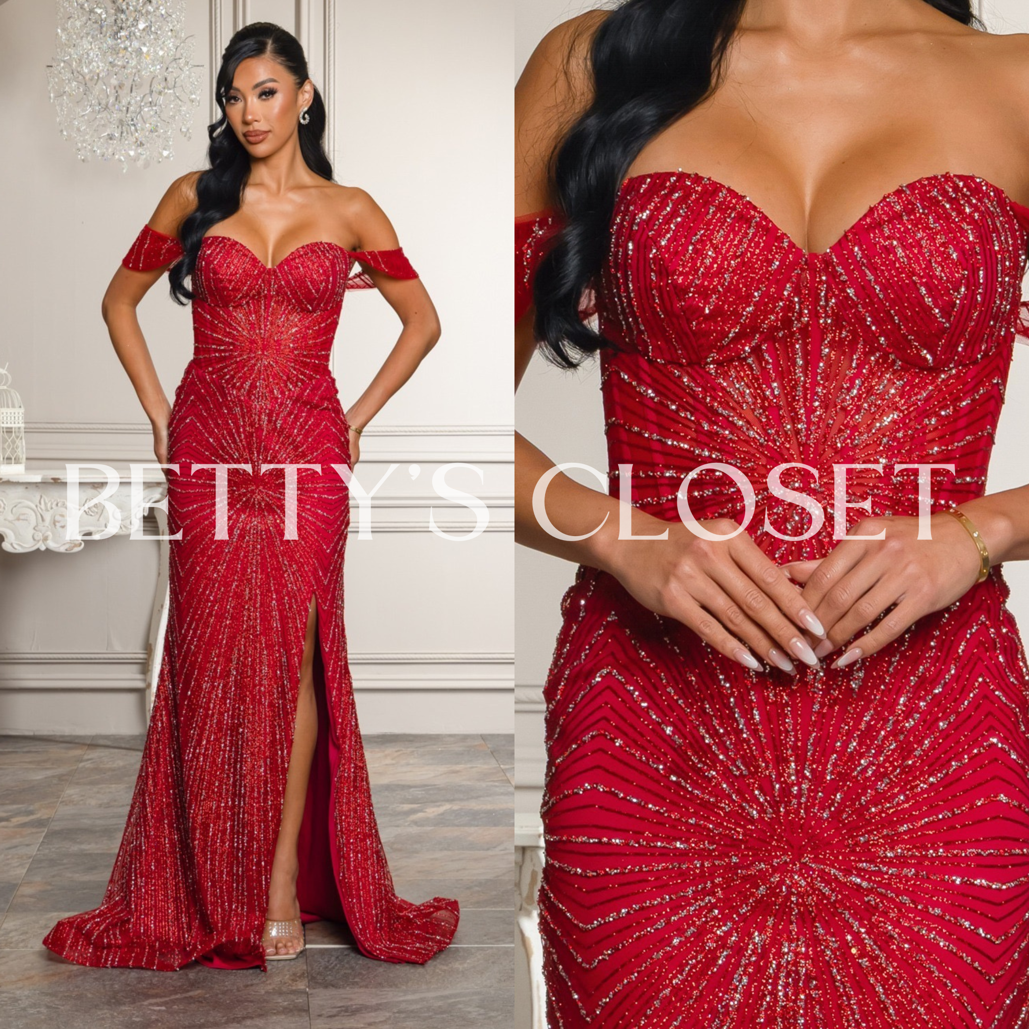 Nadia Off Shoulder Glitter Glam Gown with Lace up Back