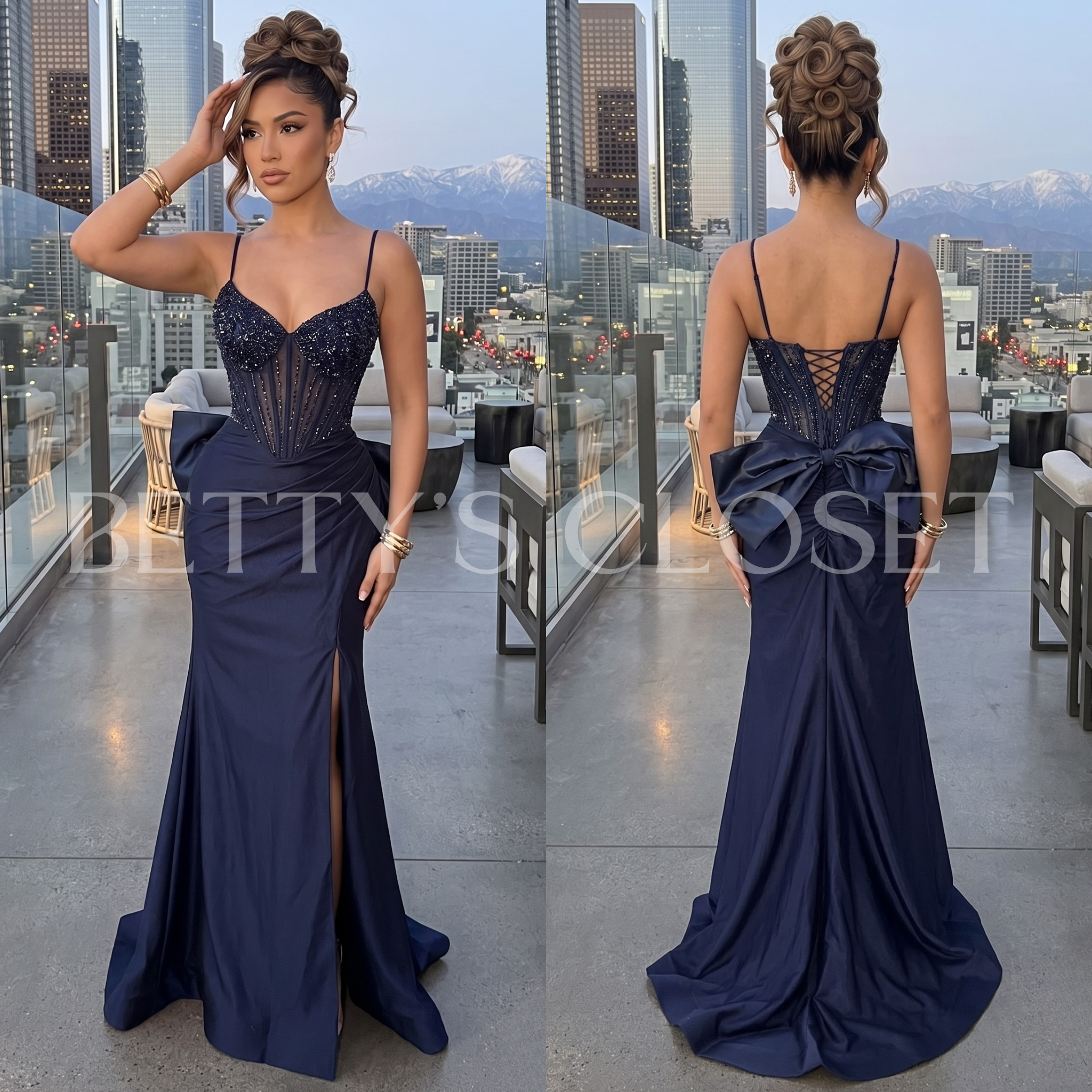 Nadia Embellished Bodice Gown W/ Lace Up Back & Removable Bow