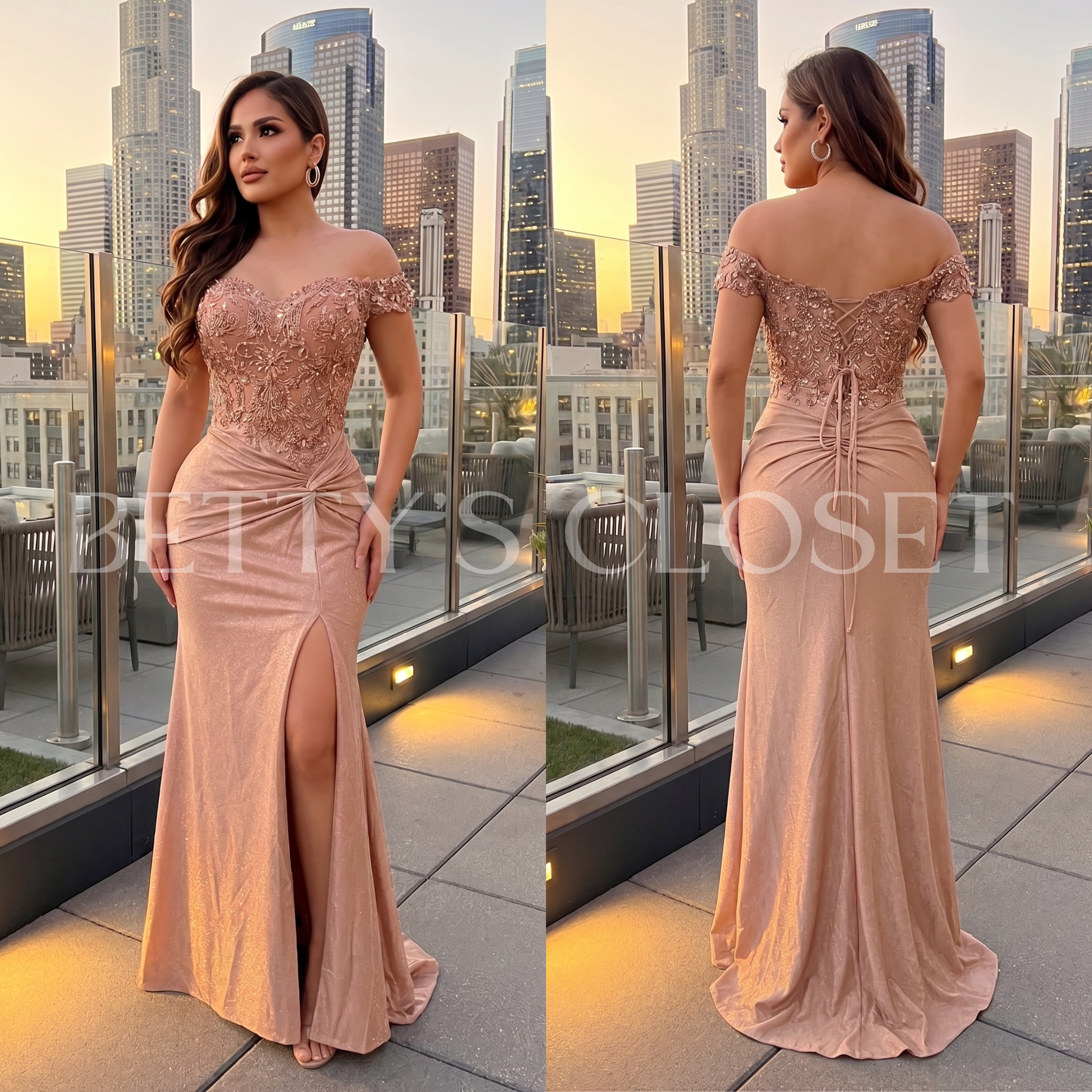 Paloma Off Shoulder Embroidered Side Knot Gown