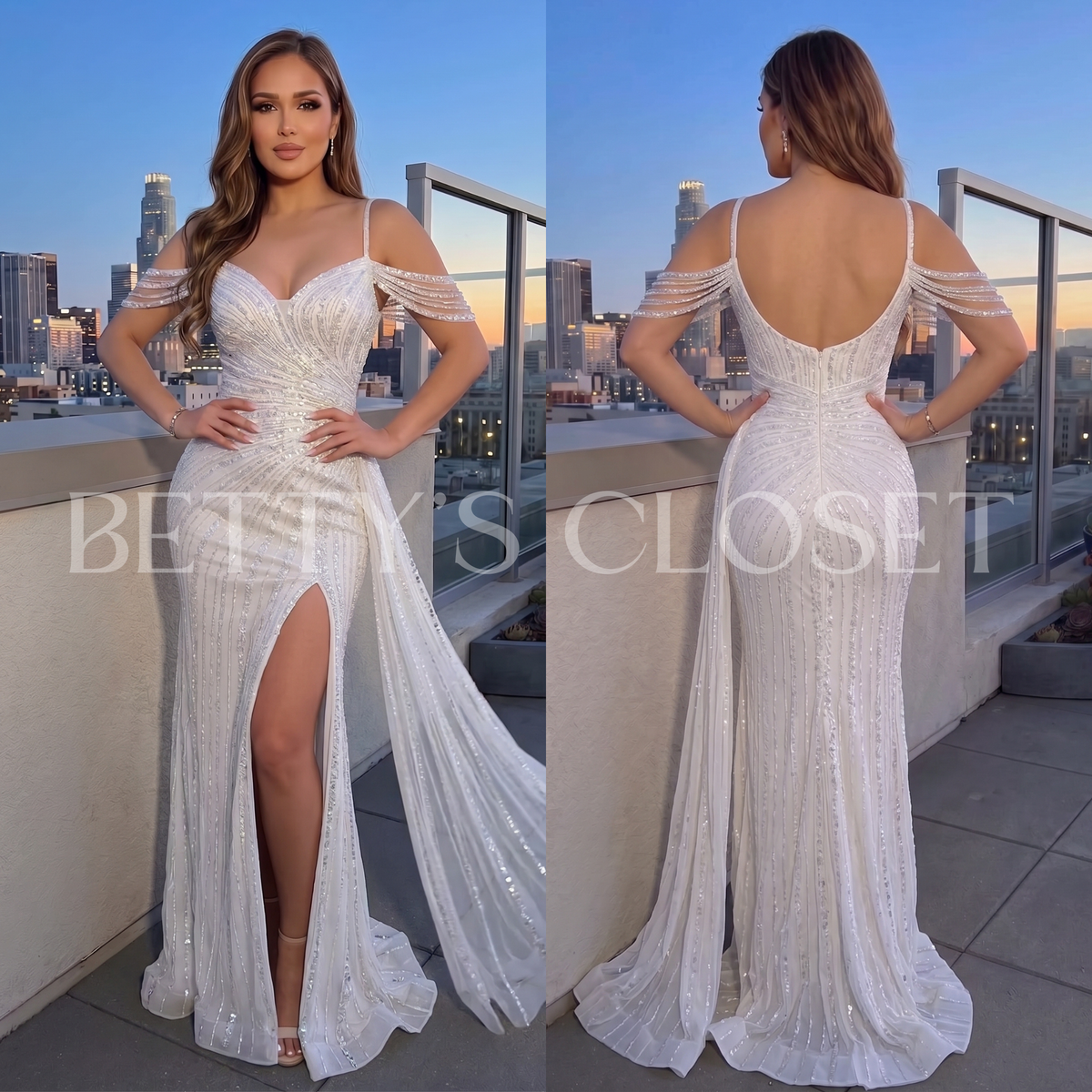 Yvonne Hand Beaded Cold Shoulder Gown w/ Detachable Train
