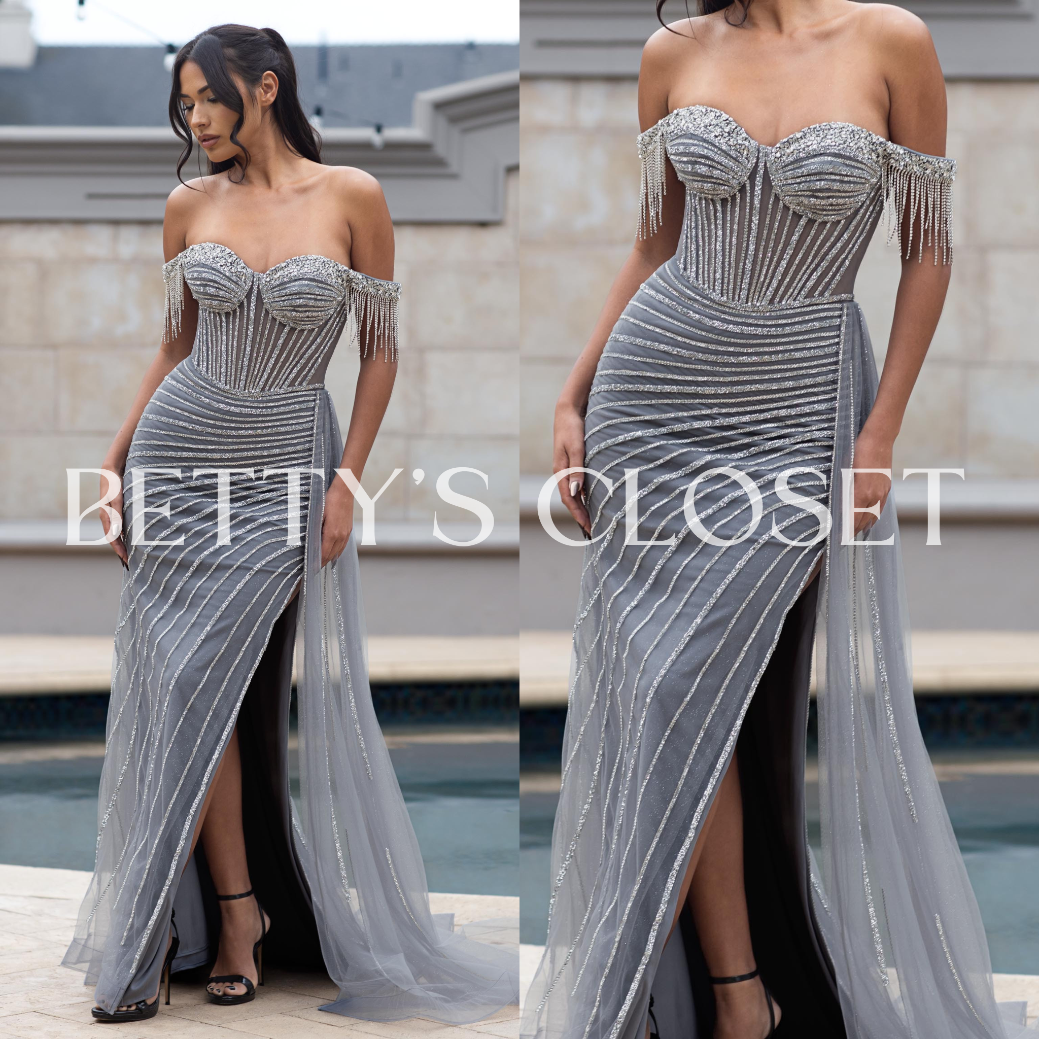 Leslie Glitter Embellished Off-Shoulder Long Prom Gown