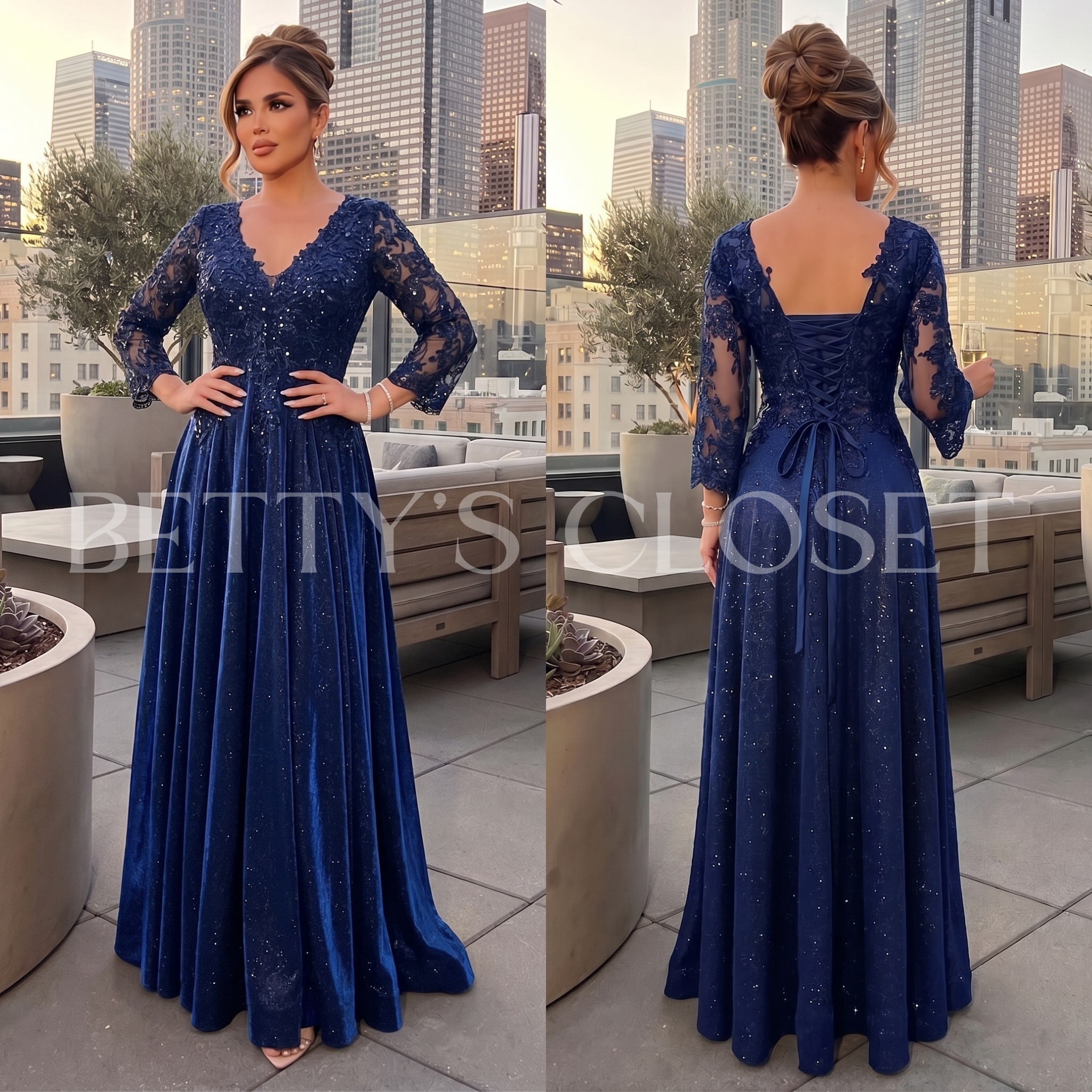 Yessenia Long Sleeve Lace Up Back A-Line Glitter Gown