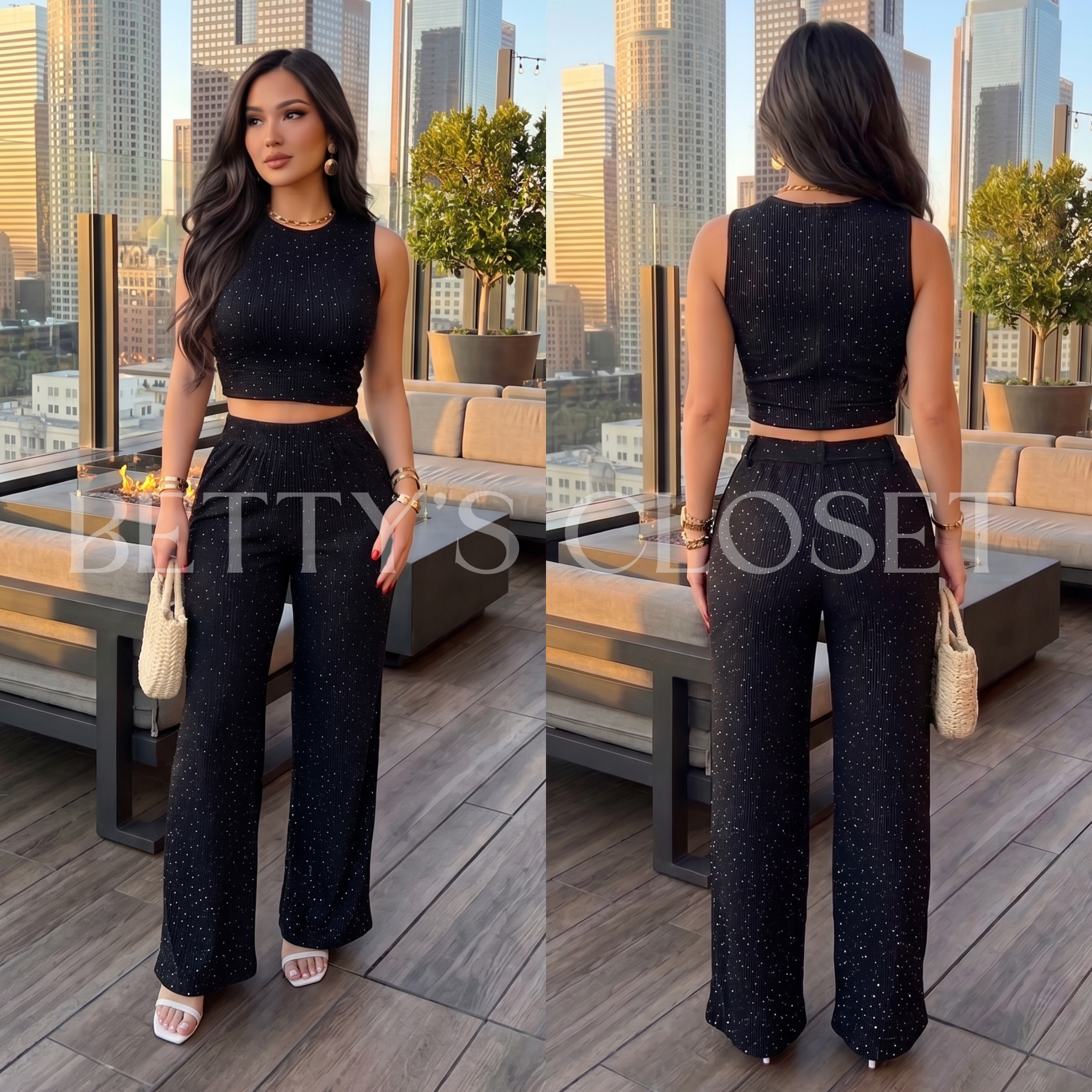 Thalia Crinkle Rhinestone Pant Set