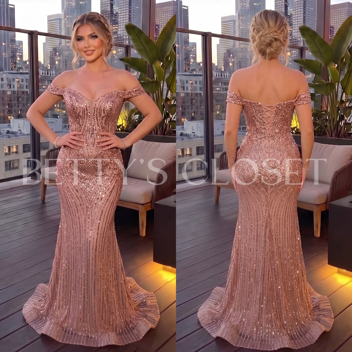 Brianna Off Shoulder Glitter Beaded Embellished Gown W/ Lace up Back