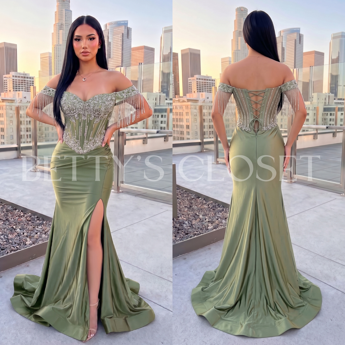 Brittany Off Shoulder Embellished Gown w/ Laceup Back