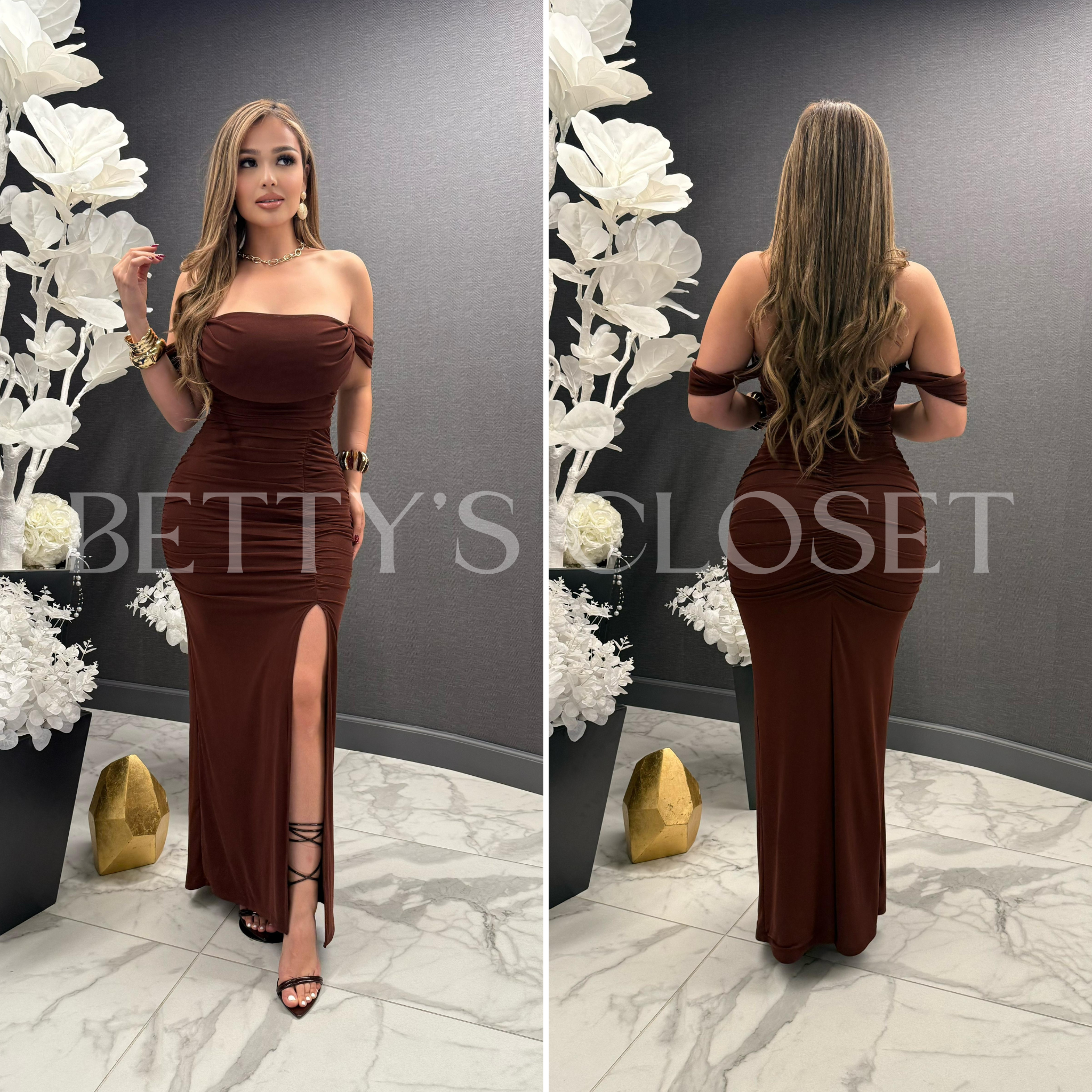 Kylie Off Shoulder Mesh Maxi Dress w/ Side Slit