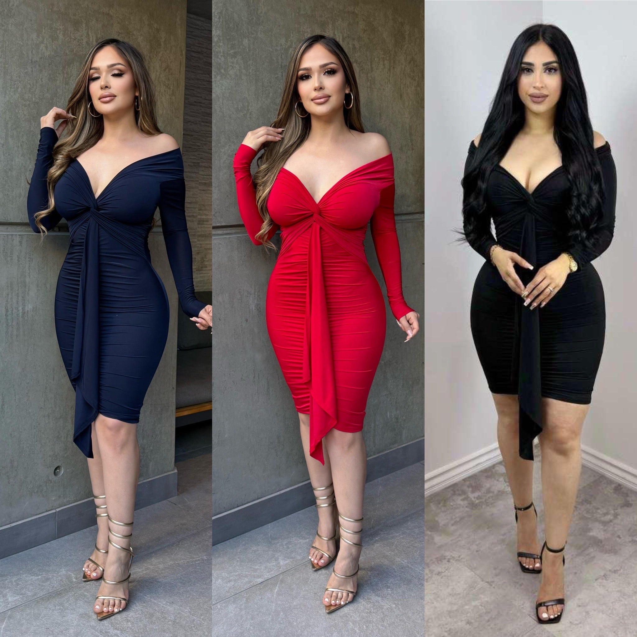 Lola Off Shoulder Front Drape Ruched Long Sleeve Dress
