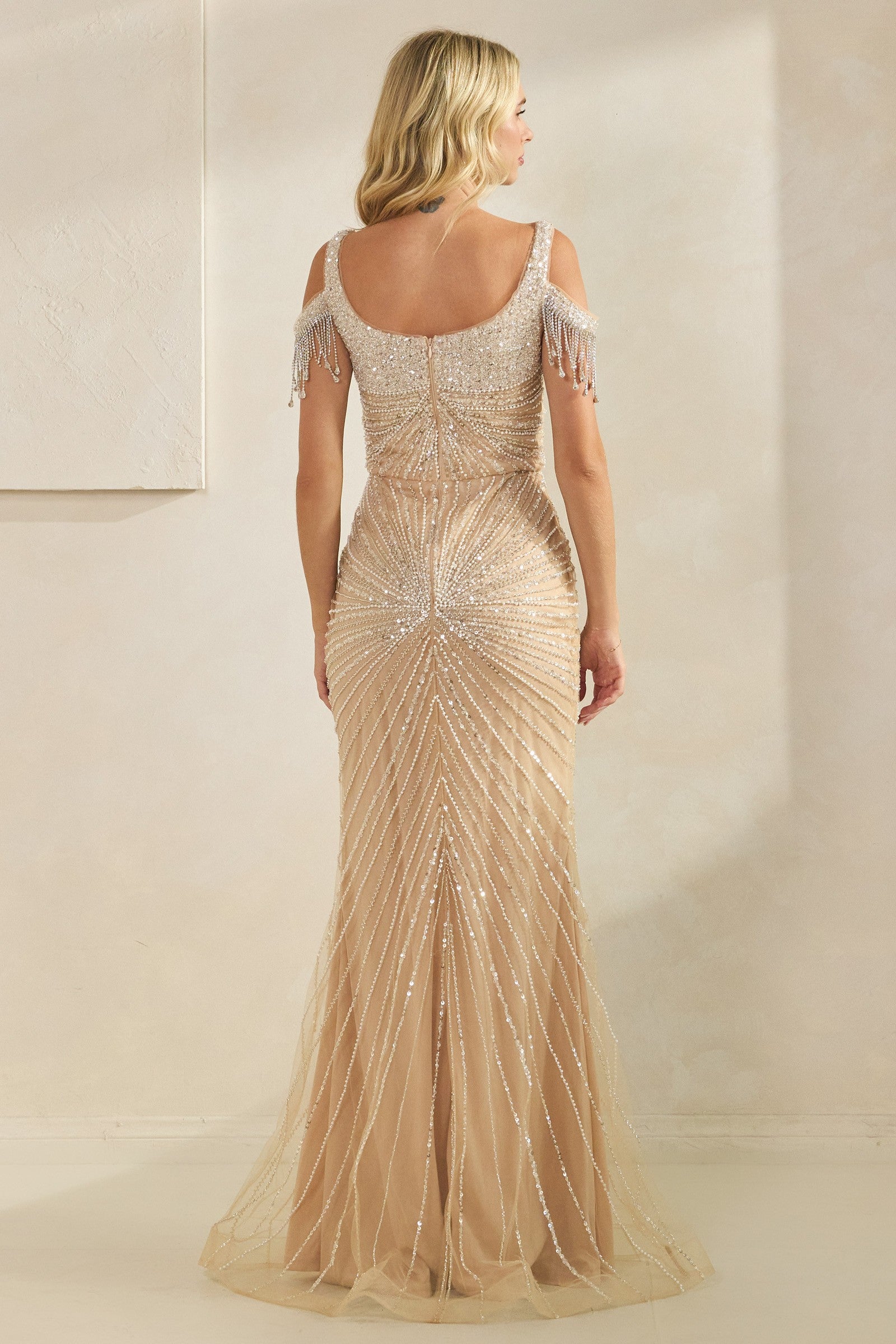 Daphne Sequin Drop Shoulder Jewelry Glam Gown