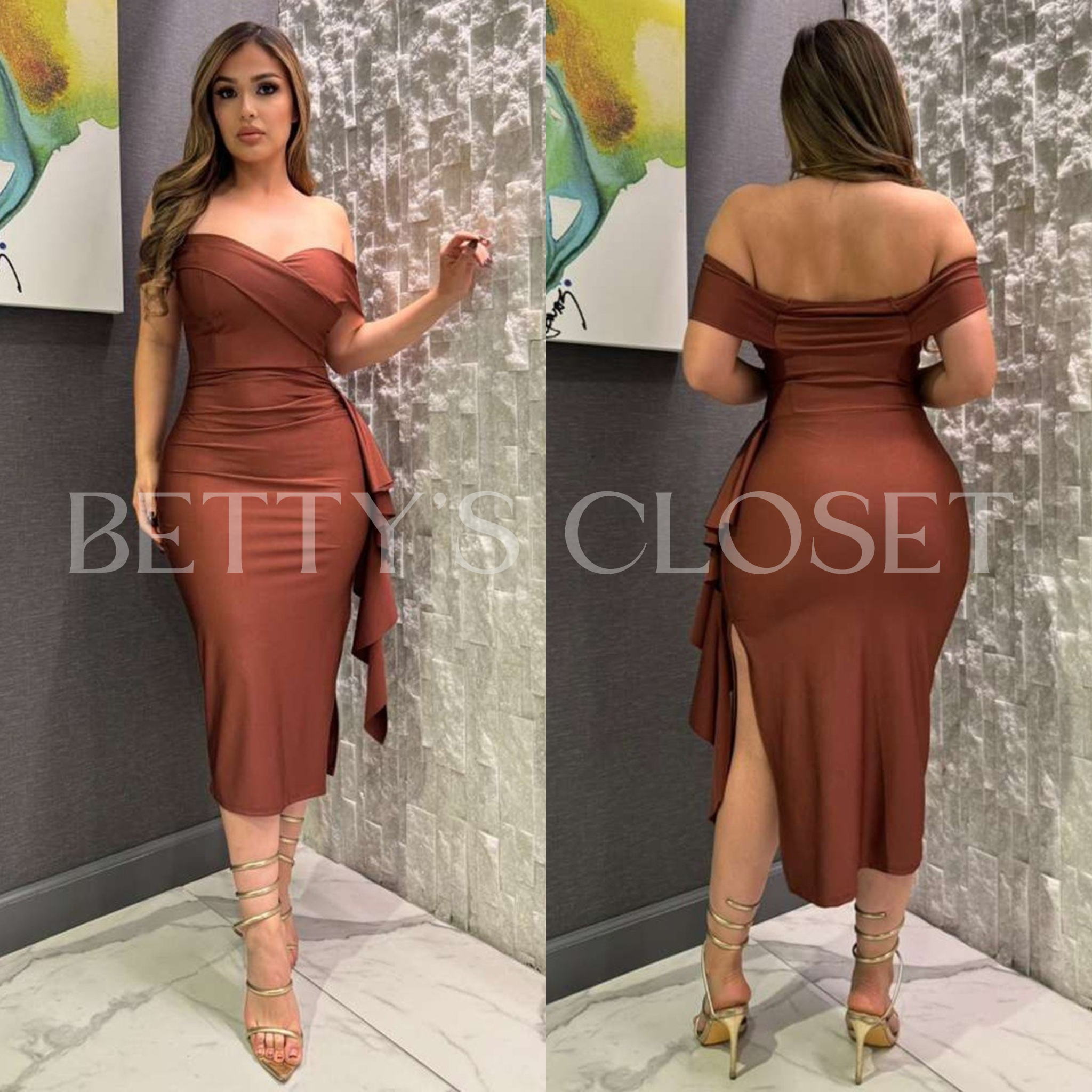 Gina Off Shoulder Side Ruffle Midi Dress