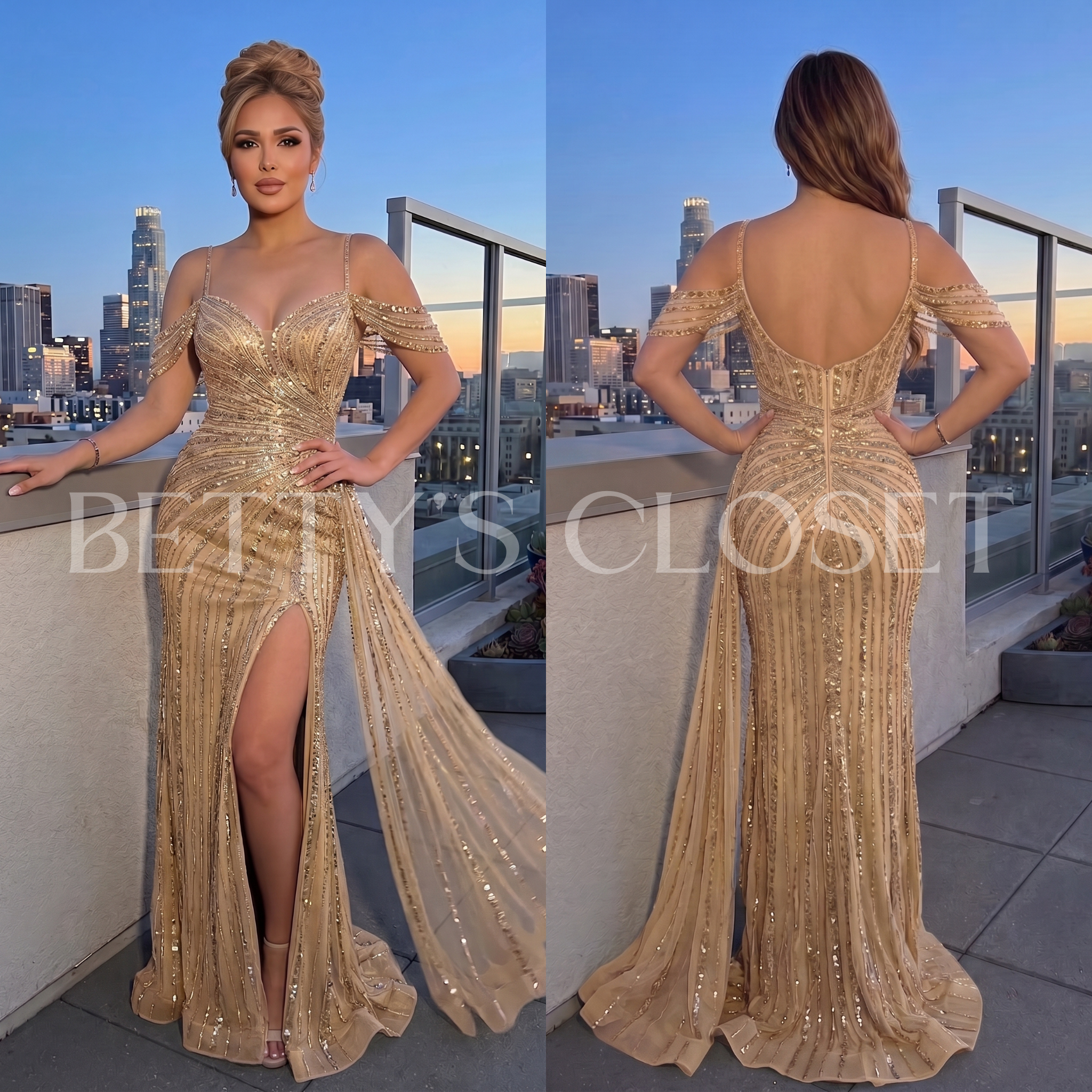Yvonne Hand Beaded Cold Shoulder Gown w/ Detachable Train