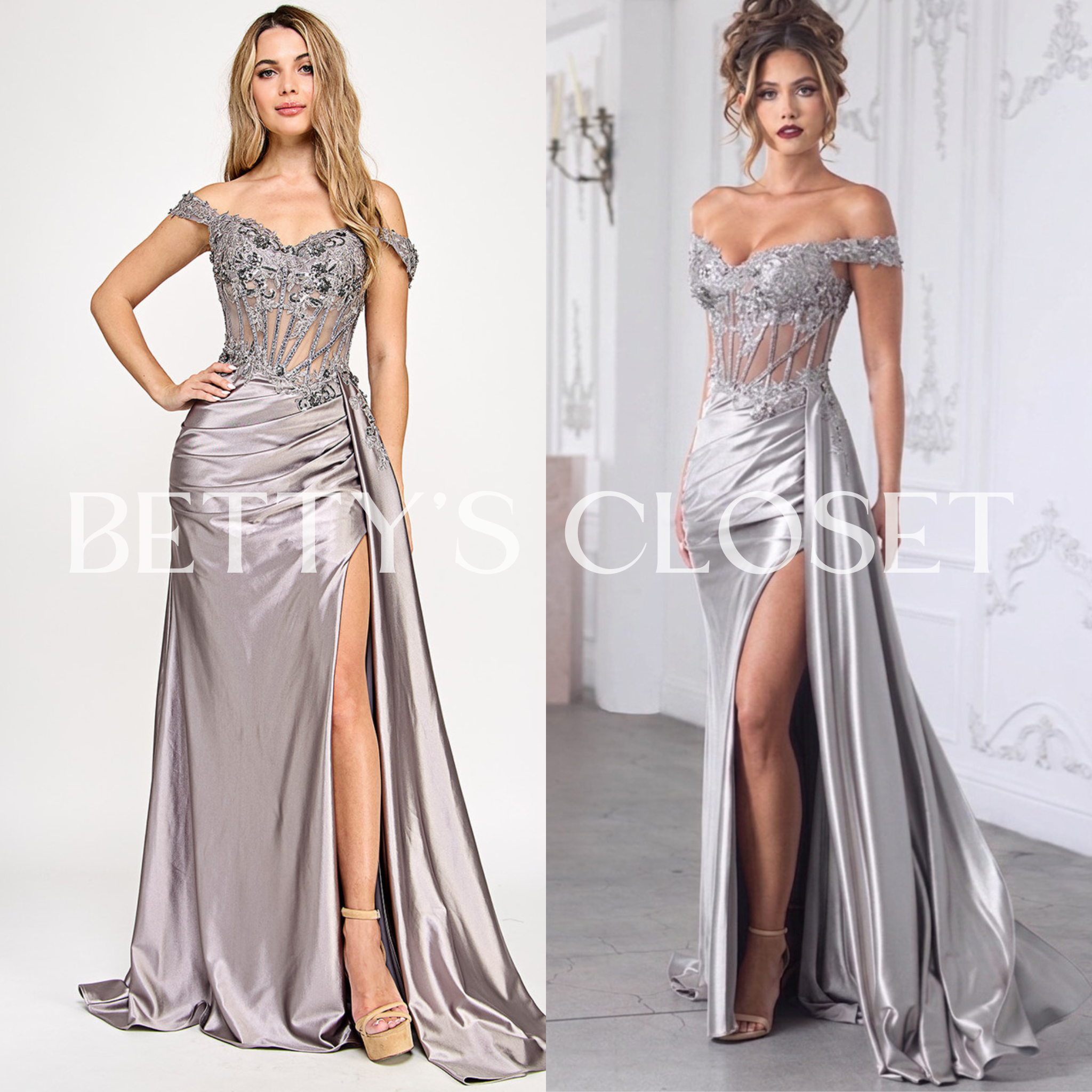Daniela Off Shoulder Side Gathering Embroidered Prom Gown w/ Lace Up Back