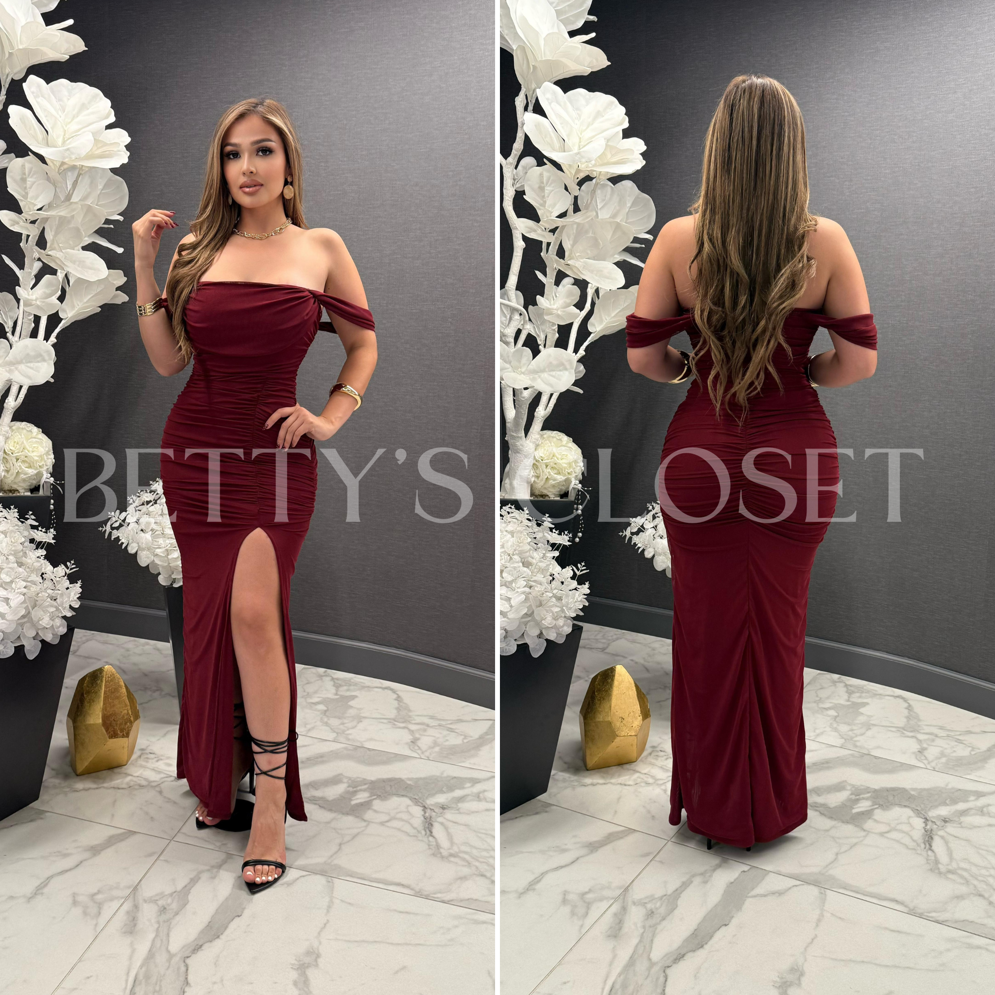 Kylie Off Shoulder Mesh Maxi Dress w/ Side Slit
