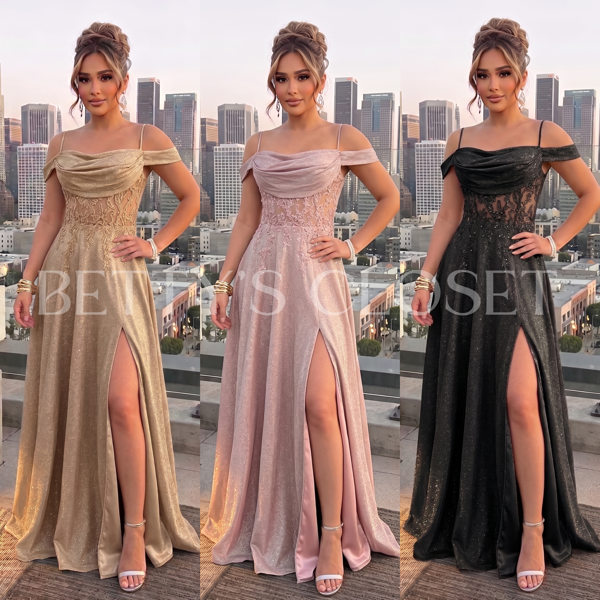 Paulina A-Line Glitter Off Shoulder Gown