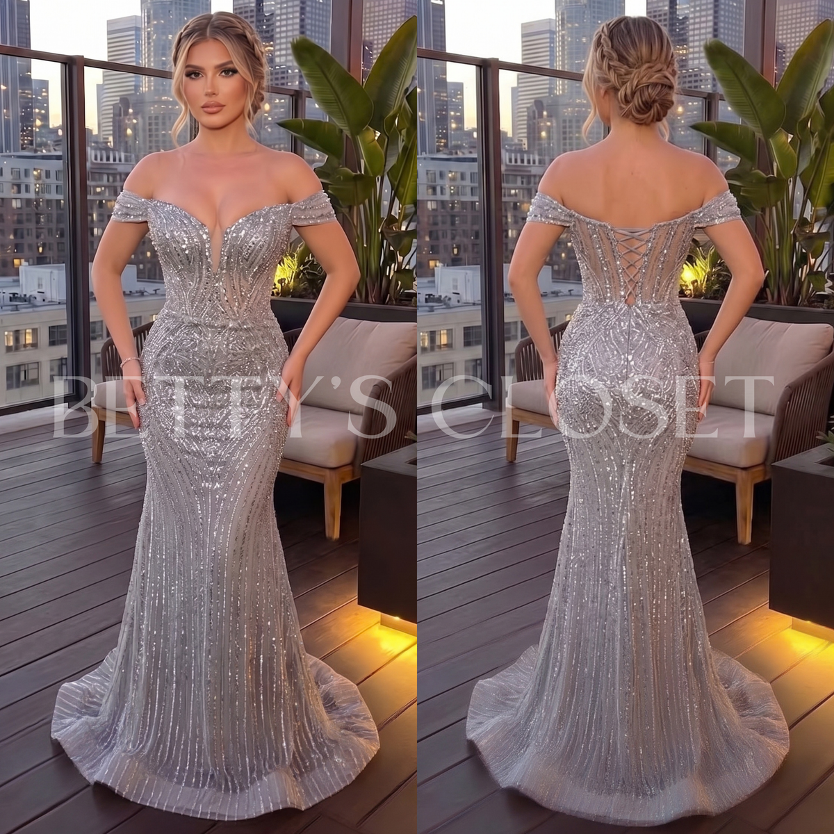 Brianna Off Shoulder Glitter Beaded Embellished Gown W/ Lace up Back