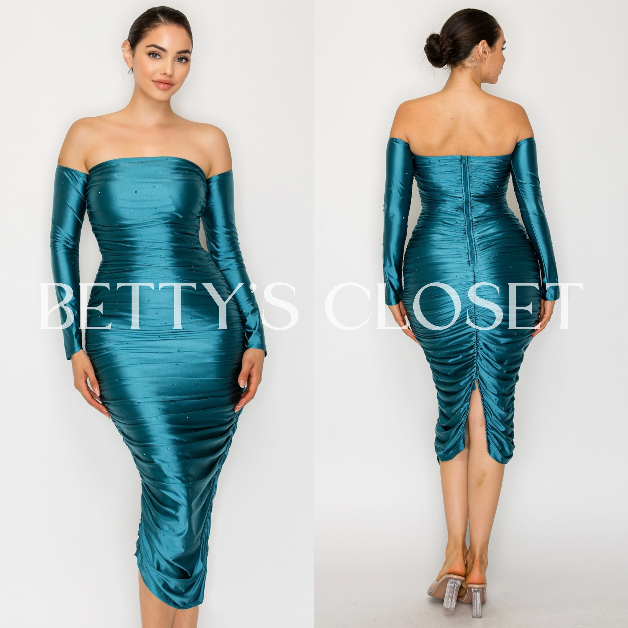 Sweetie Satin Off Shoulder Rhinestone Accents Midi Dress