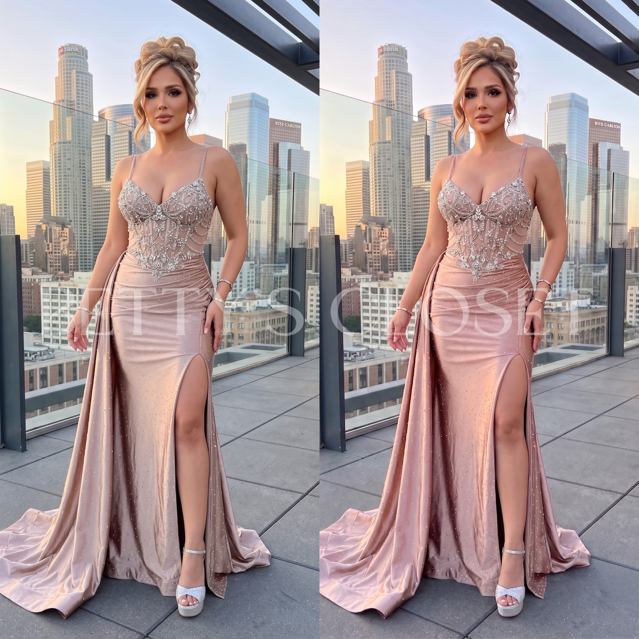 Karina Embellished Rhinestone Dress W/ Side Gathering & Lace Up Back