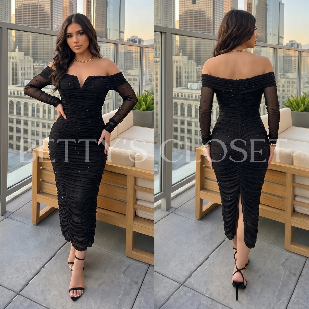 Graciela Pearl Off The Shoulder Long Sleeve Dress