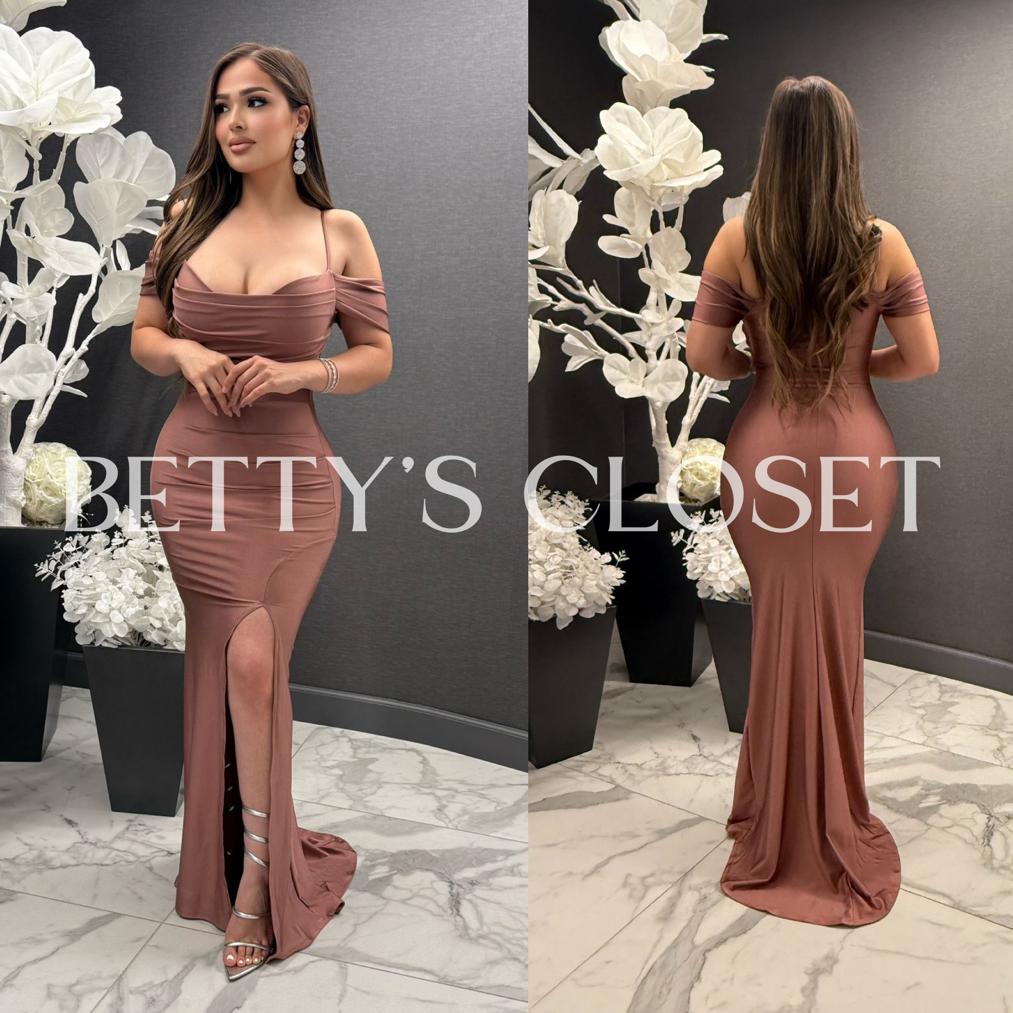 Jasmine Off Shoulder Shiny Stretchy Gown