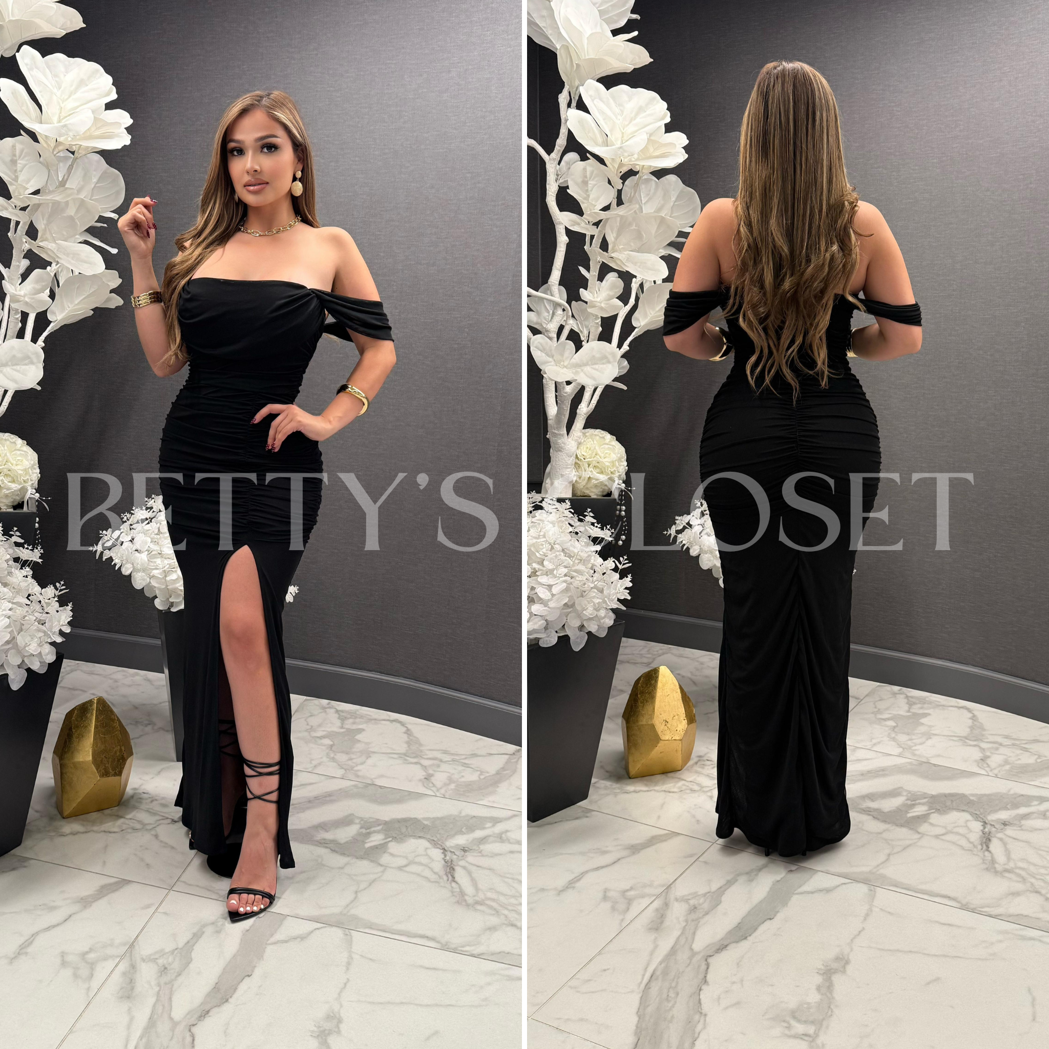 Kylie Off Shoulder Mesh Maxi Dress w/ Side Slit