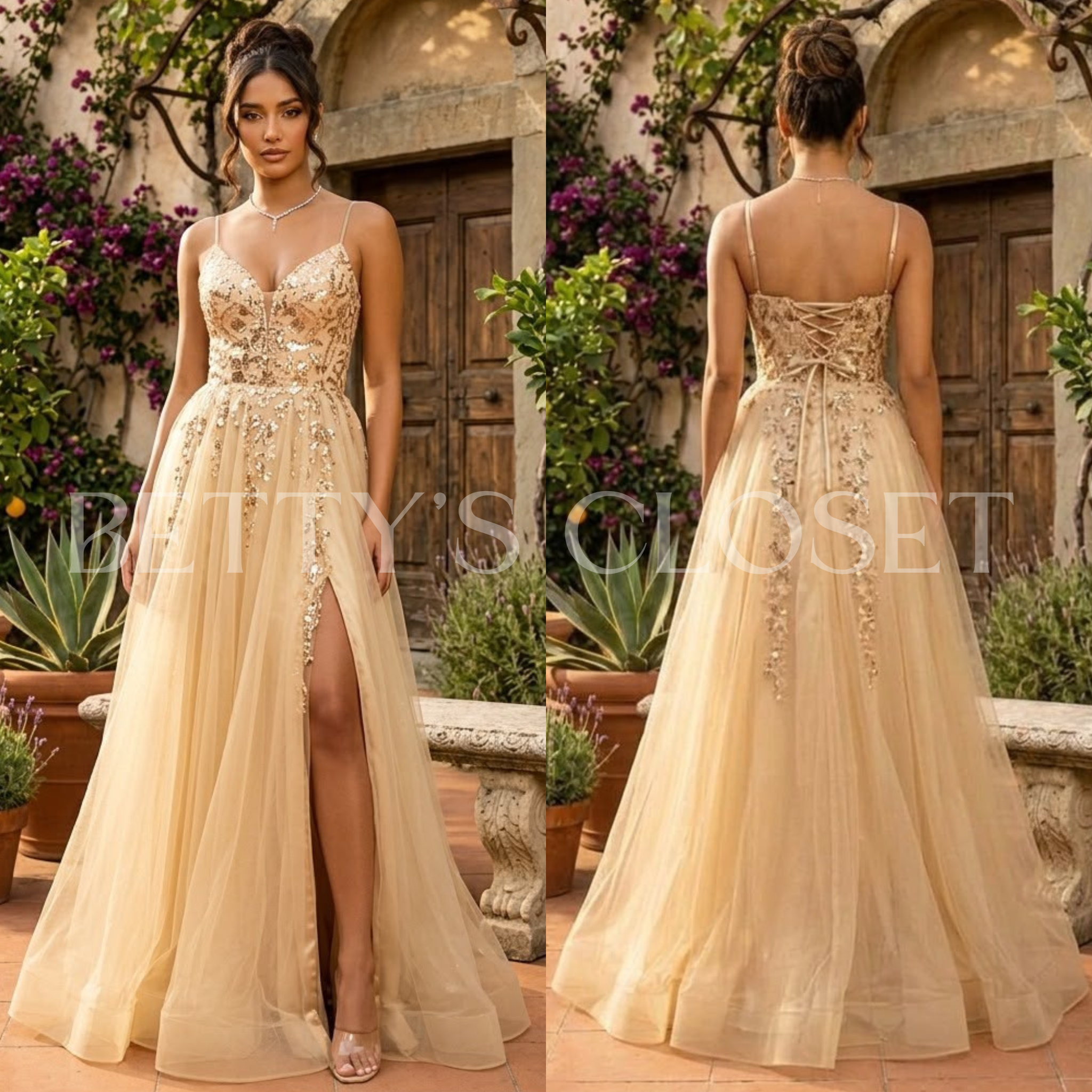 Josie A-Line Embroidered Gown W/ Side Slit