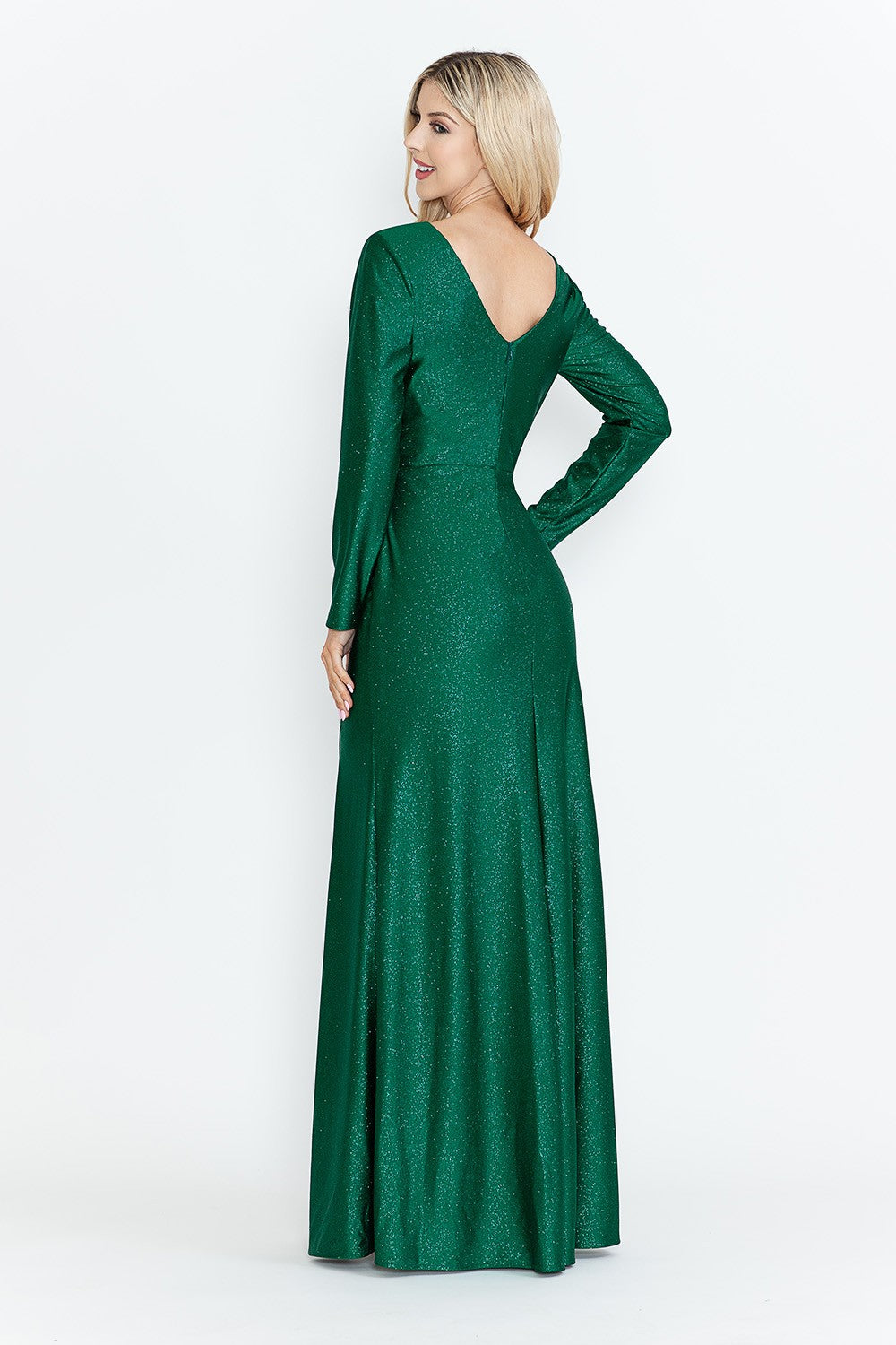 Yessenia Long Sleeve Glitter Ruched Long Formal Gown