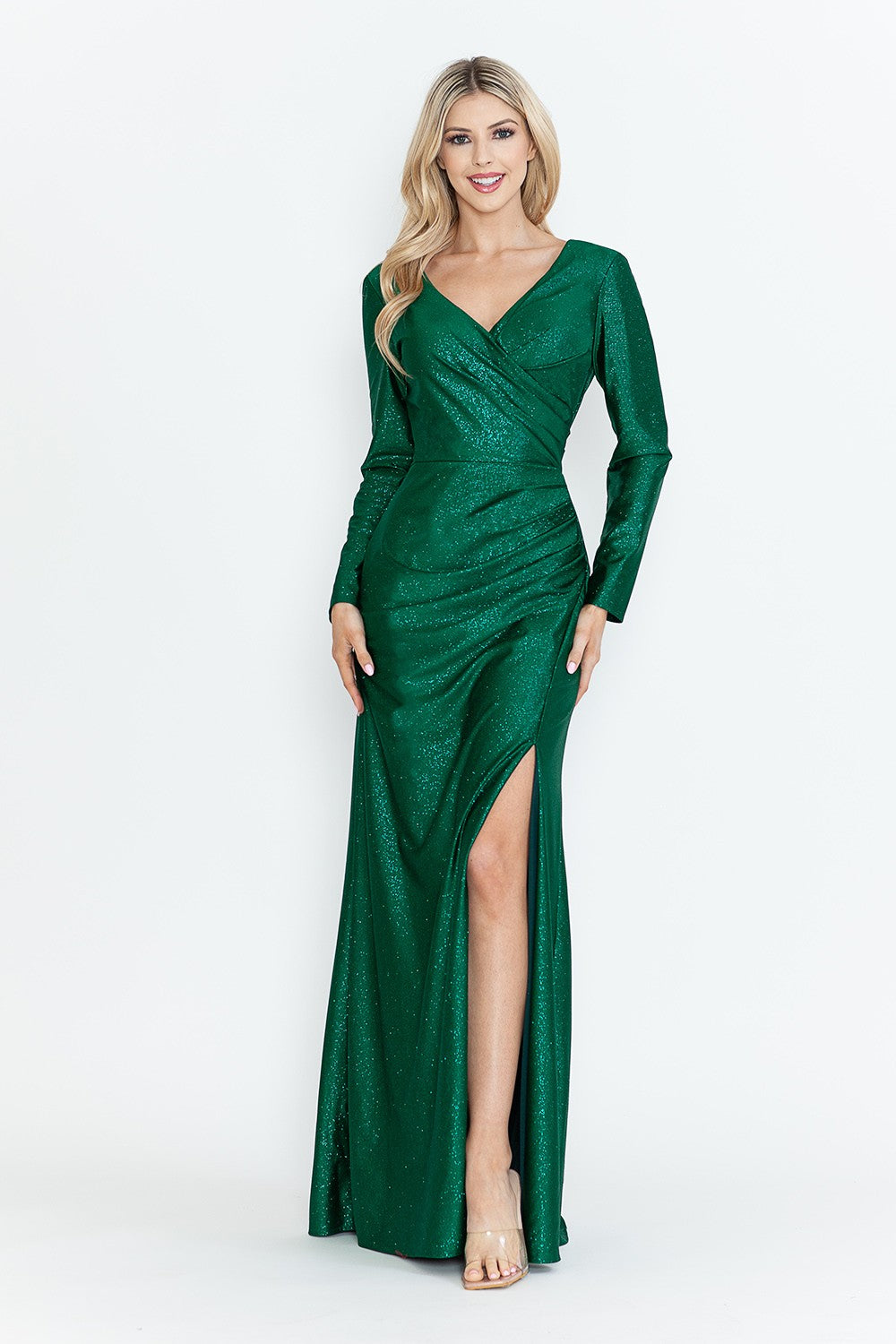 Yessenia Long Sleeve Glitter Ruched Long Formal Gown