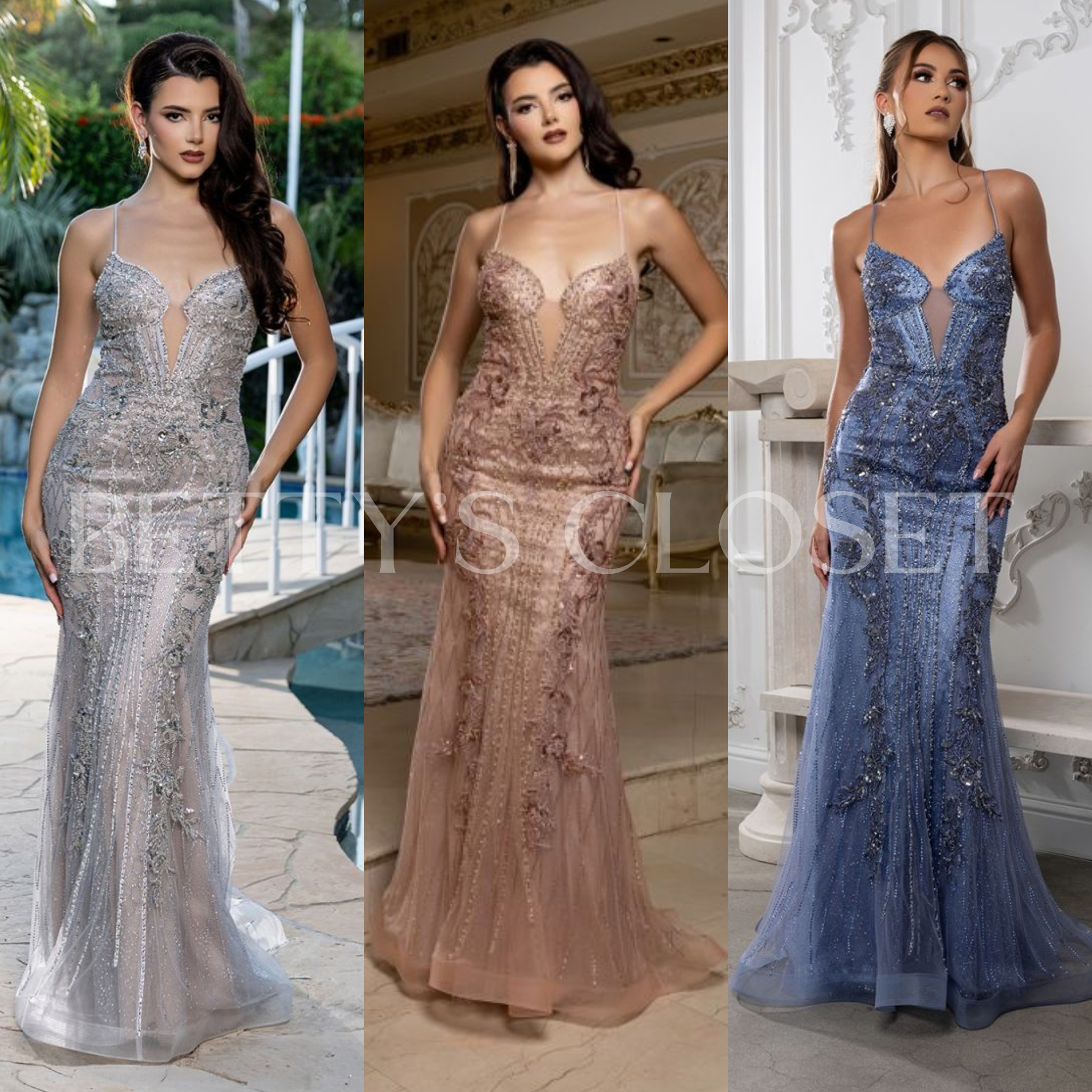 Valeria Spaghetti Strap Beaded Plunge Prom Gown